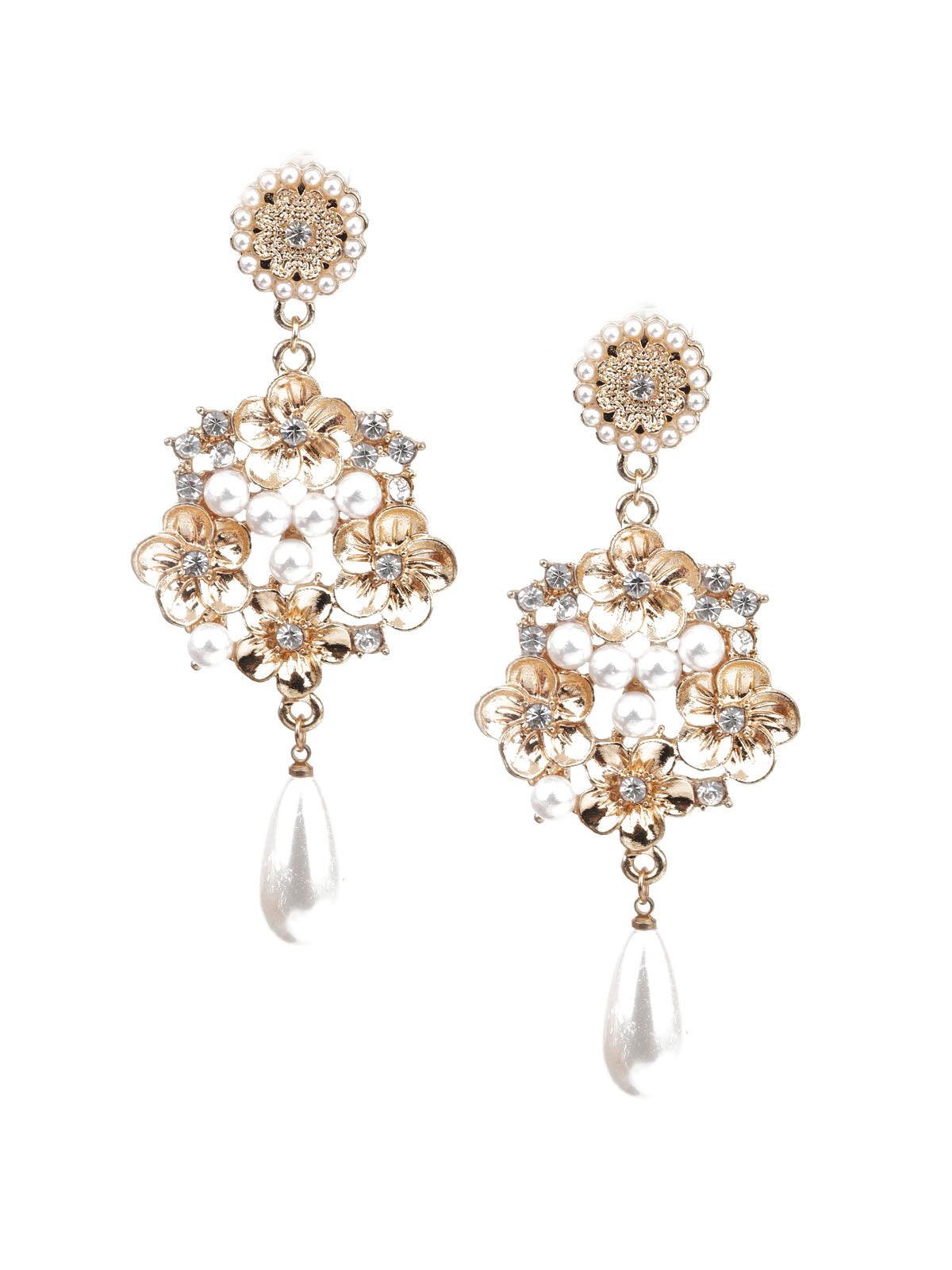 Women's White And Gold Floral Dangler Earrin