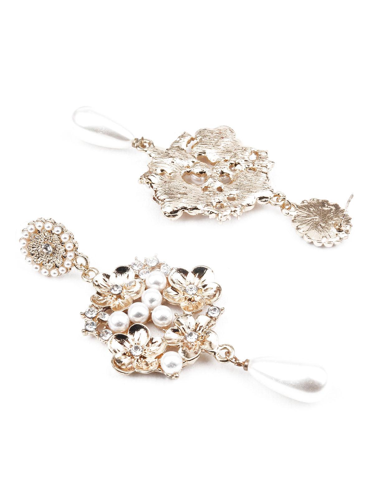 Women's White And Gold Floral Dangler Earrin