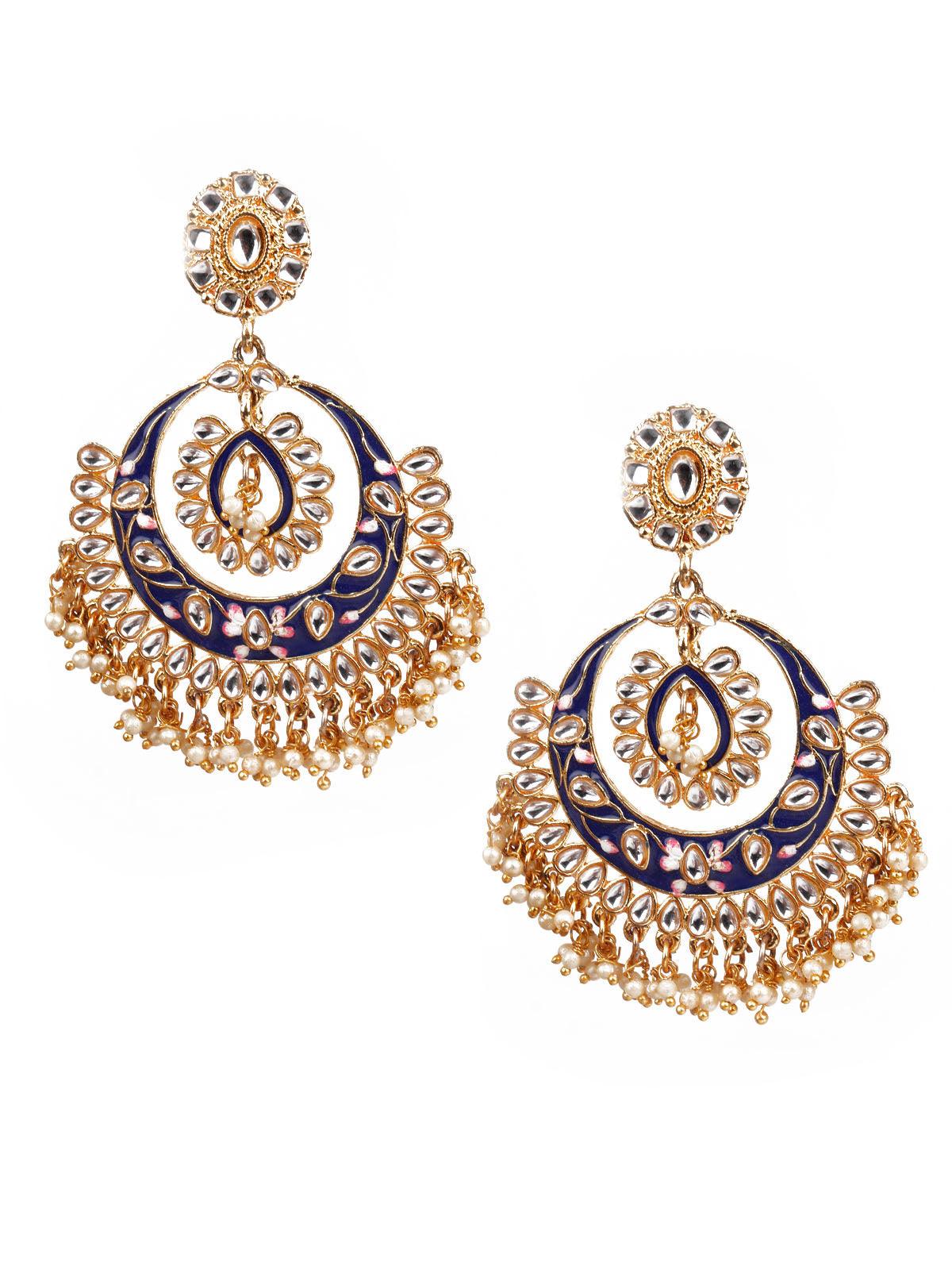 Women's Traditional Blue And White Chandbali Earring
