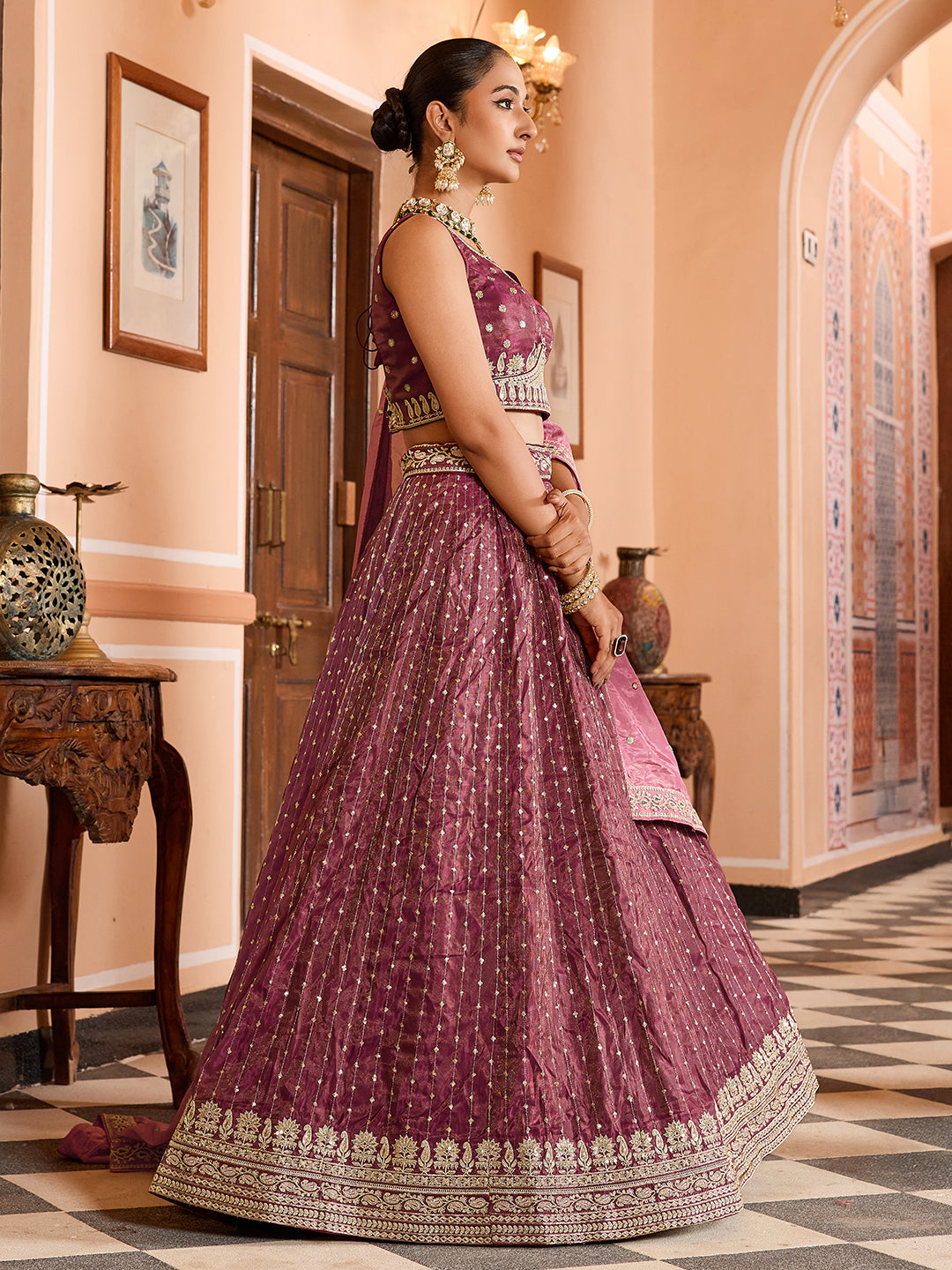 Women's Rosegold- Tissue Silk Fabric Sequins Embroidery Lehenga & Blouse With Dupatta Pink / M | Trendia Global Women's Rosegold- Tissue Silk Fabric Sequins Embroidery Lehenga & Blouse With Dupatta Pink / M | Trendia Global