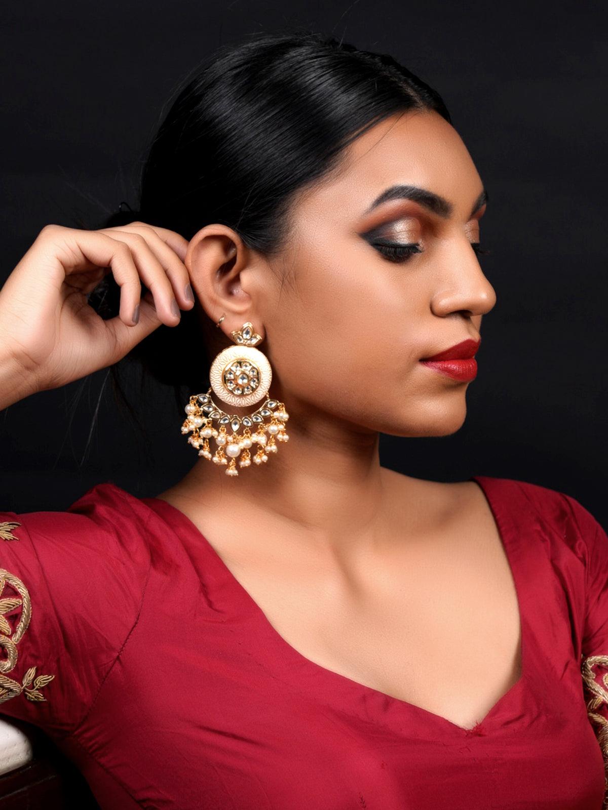 Women's Cream Enamelled Kundan-Pearl Chandbali Earrings