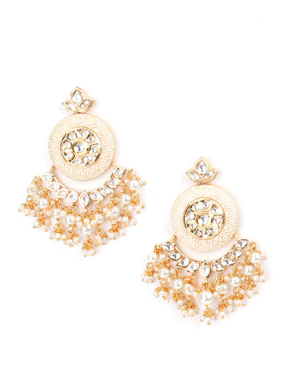 Women's Cream Enamelled Kundan-Pearl Chandbali Earrings