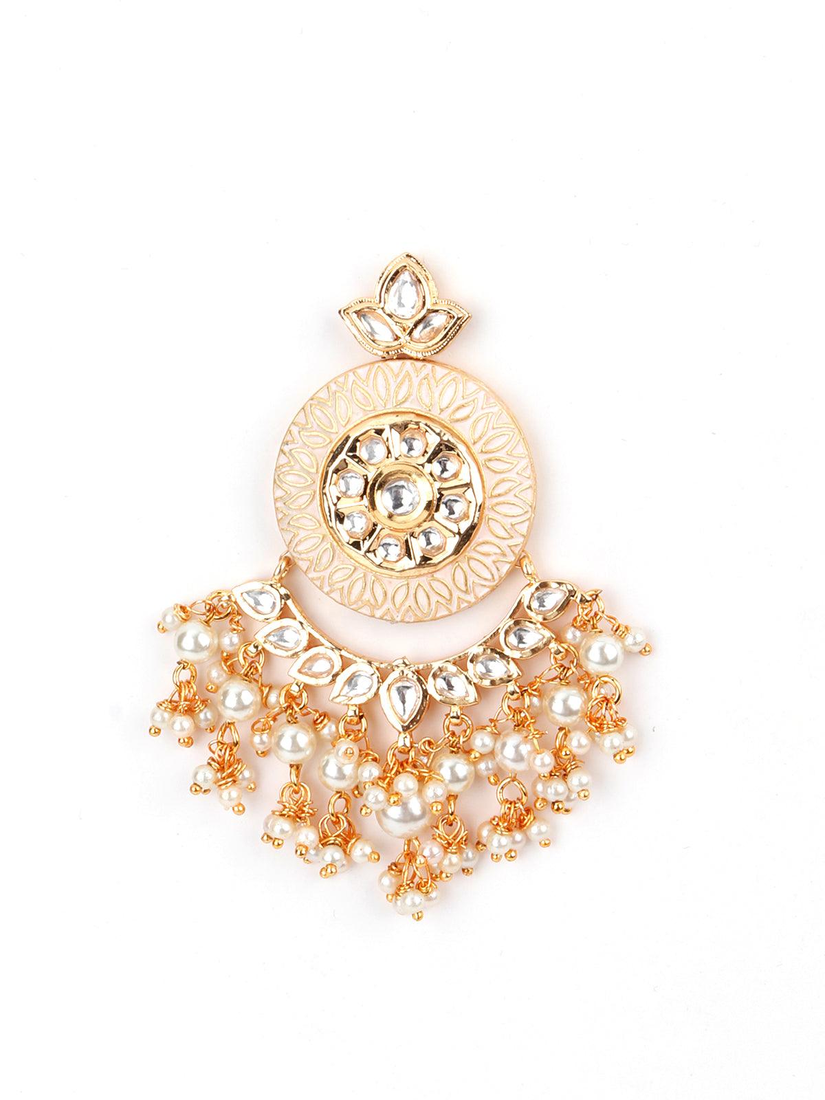 Women's Cream Enamelled Kundan-Pearl Chandbali Earrings