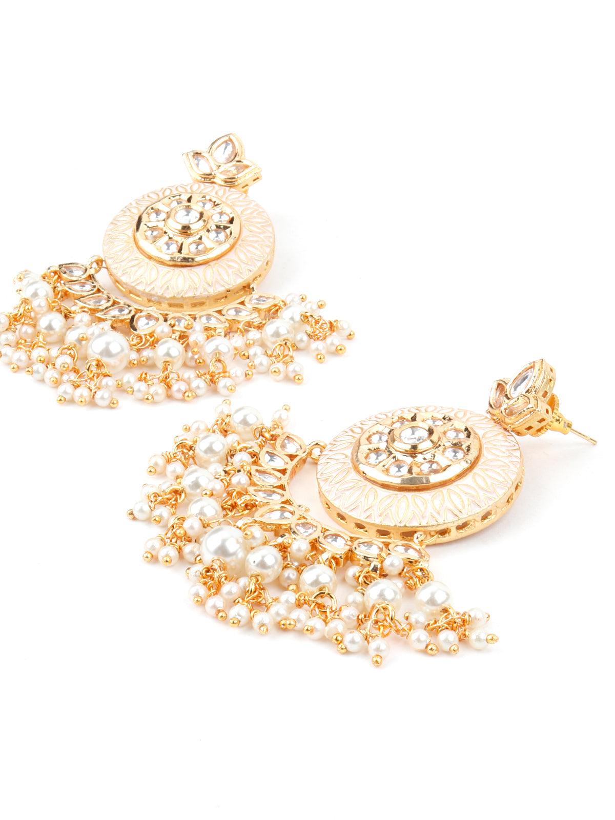 Women's Cream Enamelled Kundan-Pearl Chandbali Earrings