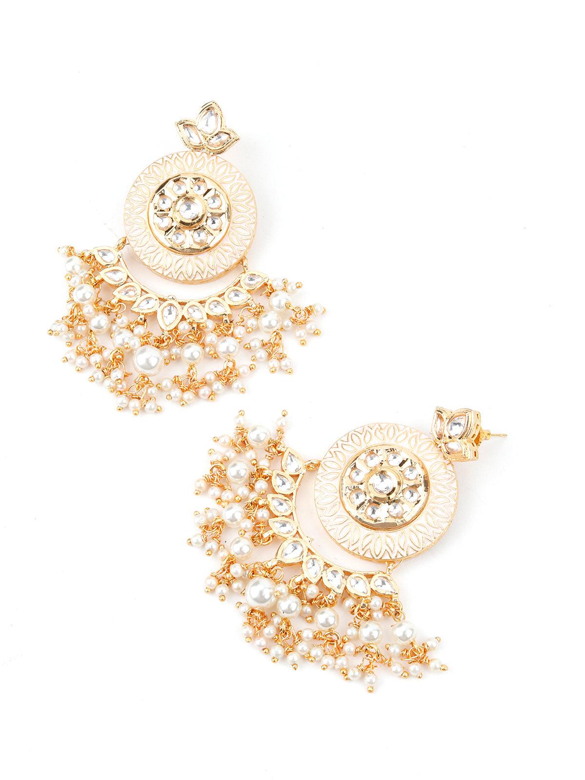 Women's Cream Enamelled Kundan-Pearl Chandbali Earrings