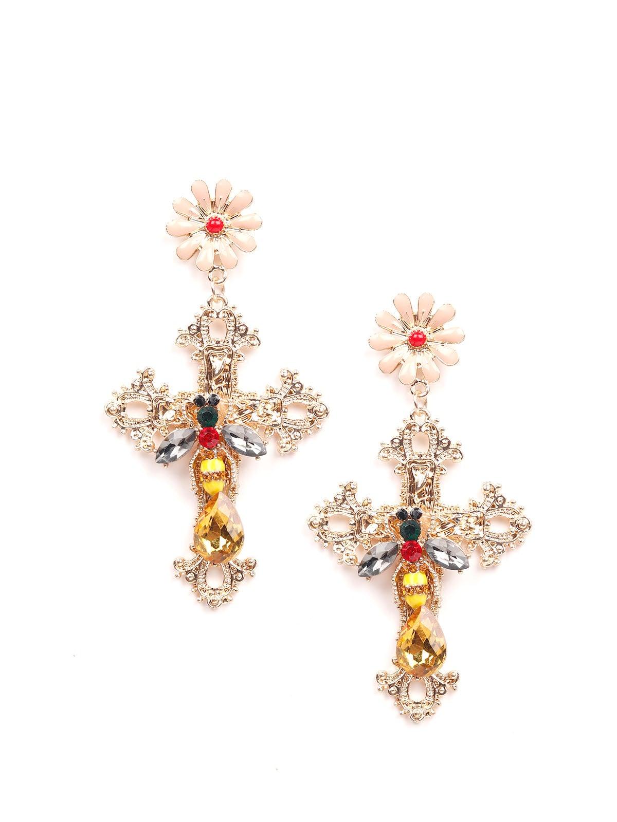 Women's Cross-Shaped Floral Drop Statement Earring
