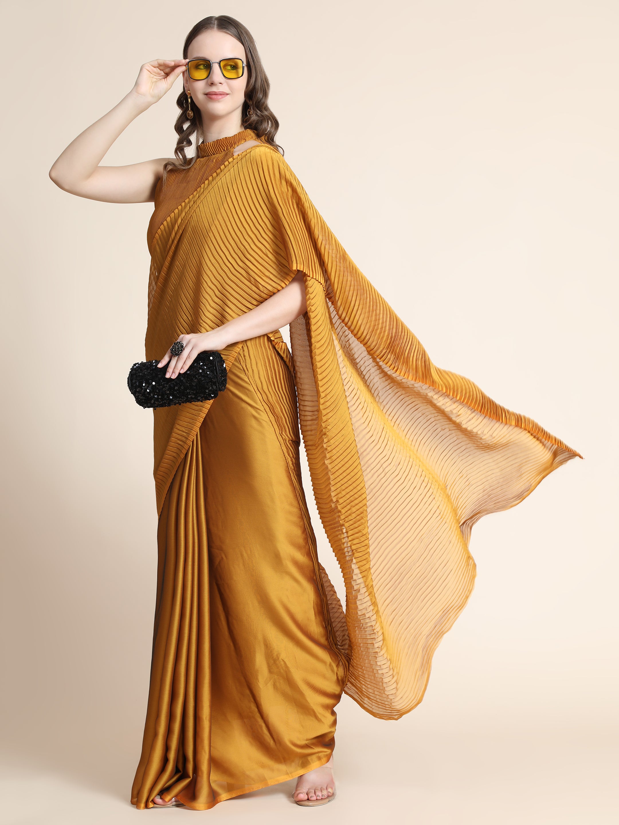 Women's Self woven Self Texture Patry Wear Contemporay Crush Silk Saree With Blouse Piece (Yellow) - NIMIDHYA