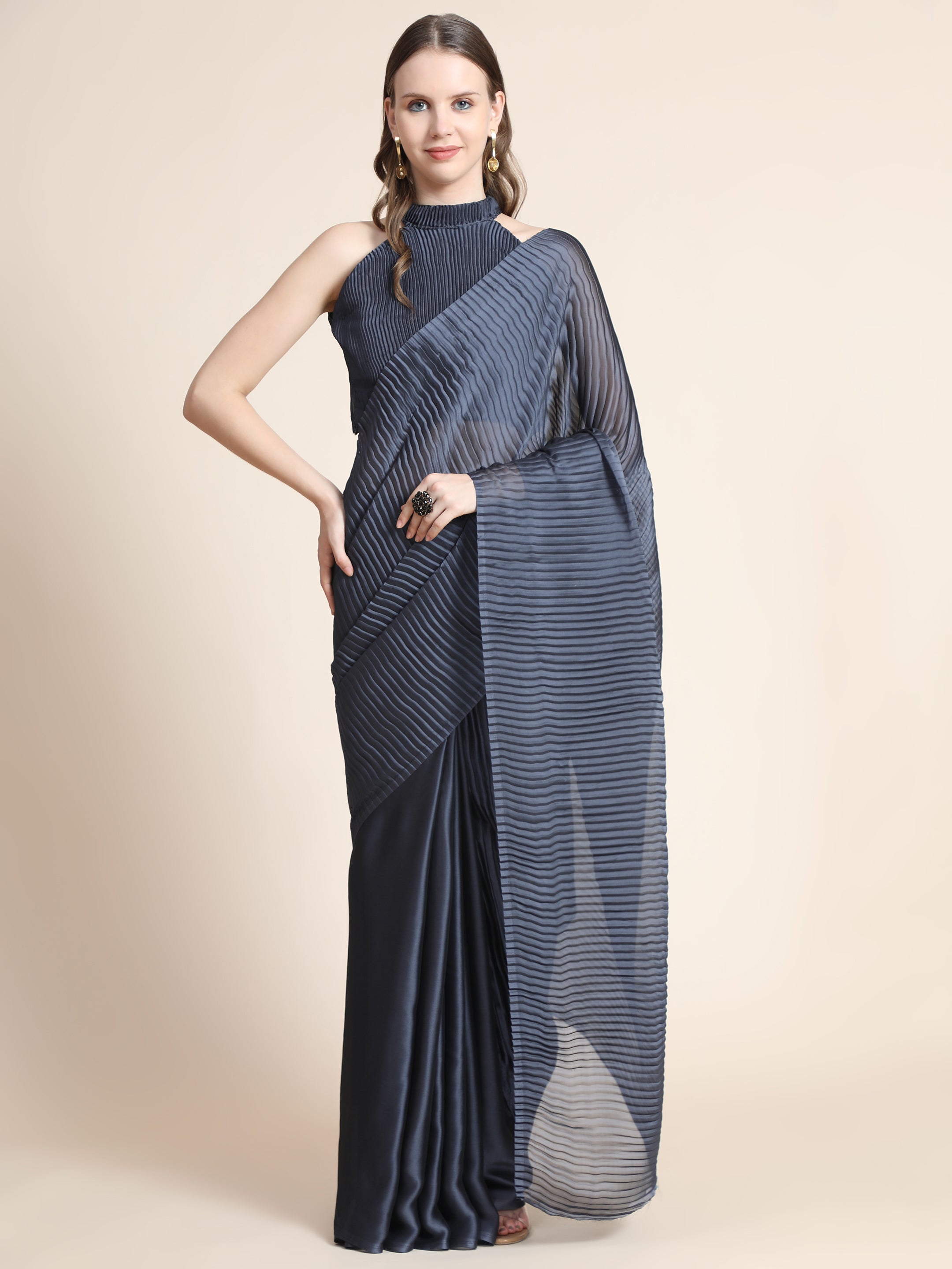 Women's Self woven Self Texture Patry Wear Contemporay Crush Silk Saree With Blouse Piece (Grey) - NIMIDHYA