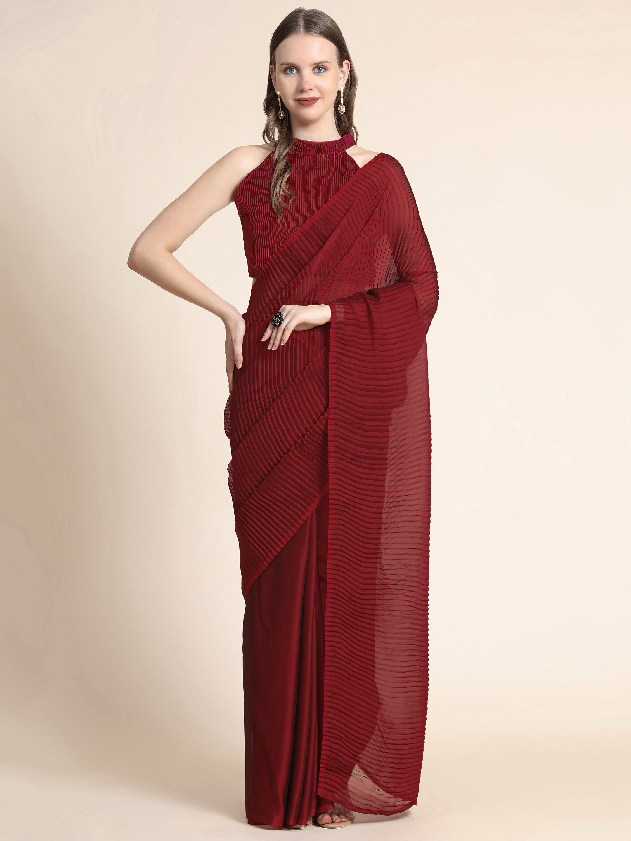 Women's Self woven Self Texture Patry Wear Contemporay Crush Silk Saree With Blouse Piece (Maroon) - NIMIDHYA