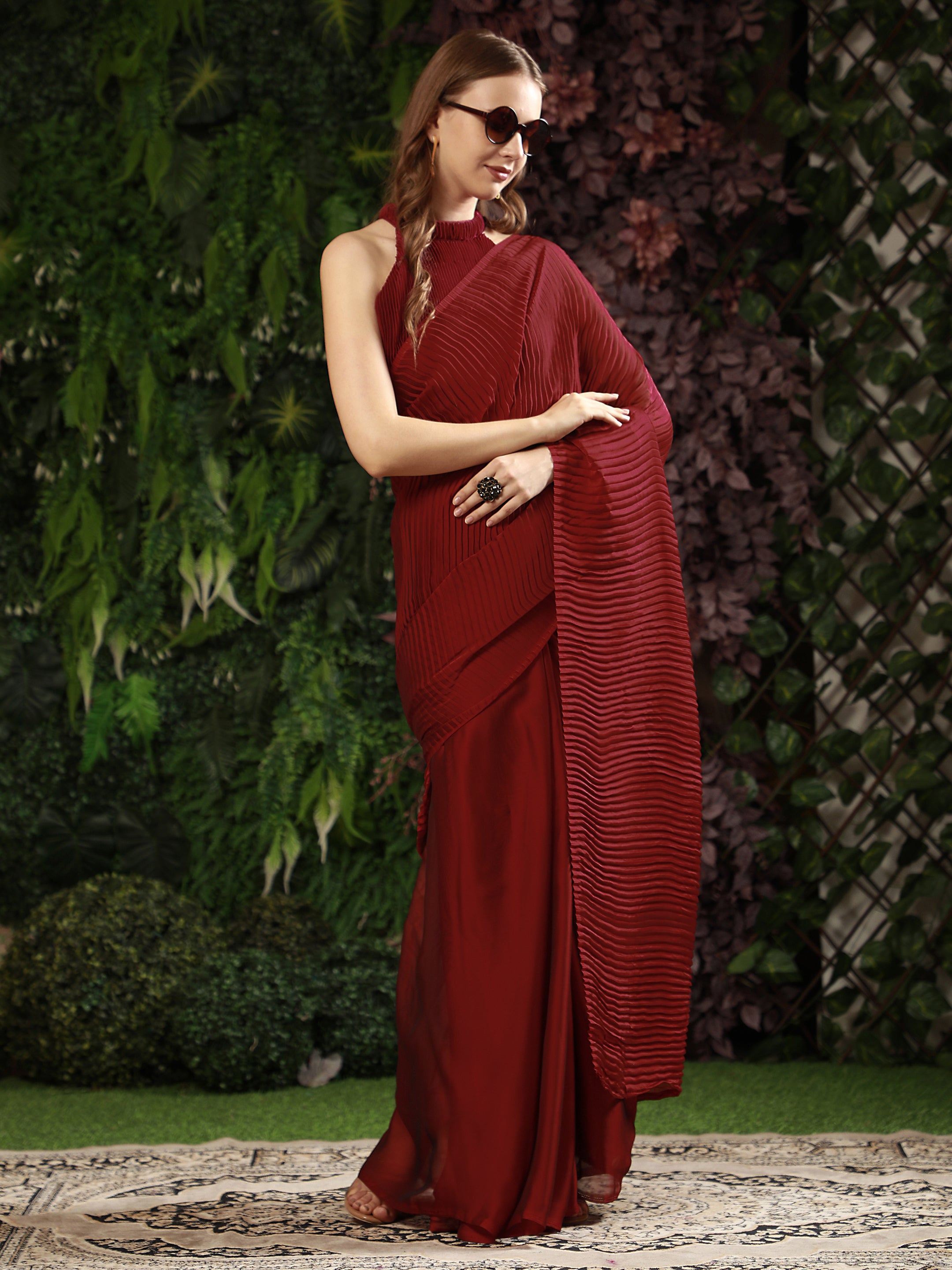 Women's Self woven Self Texture Patry Wear Contemporay Crush Silk Saree With Blouse Piece (Maroon) - NIMIDHYA