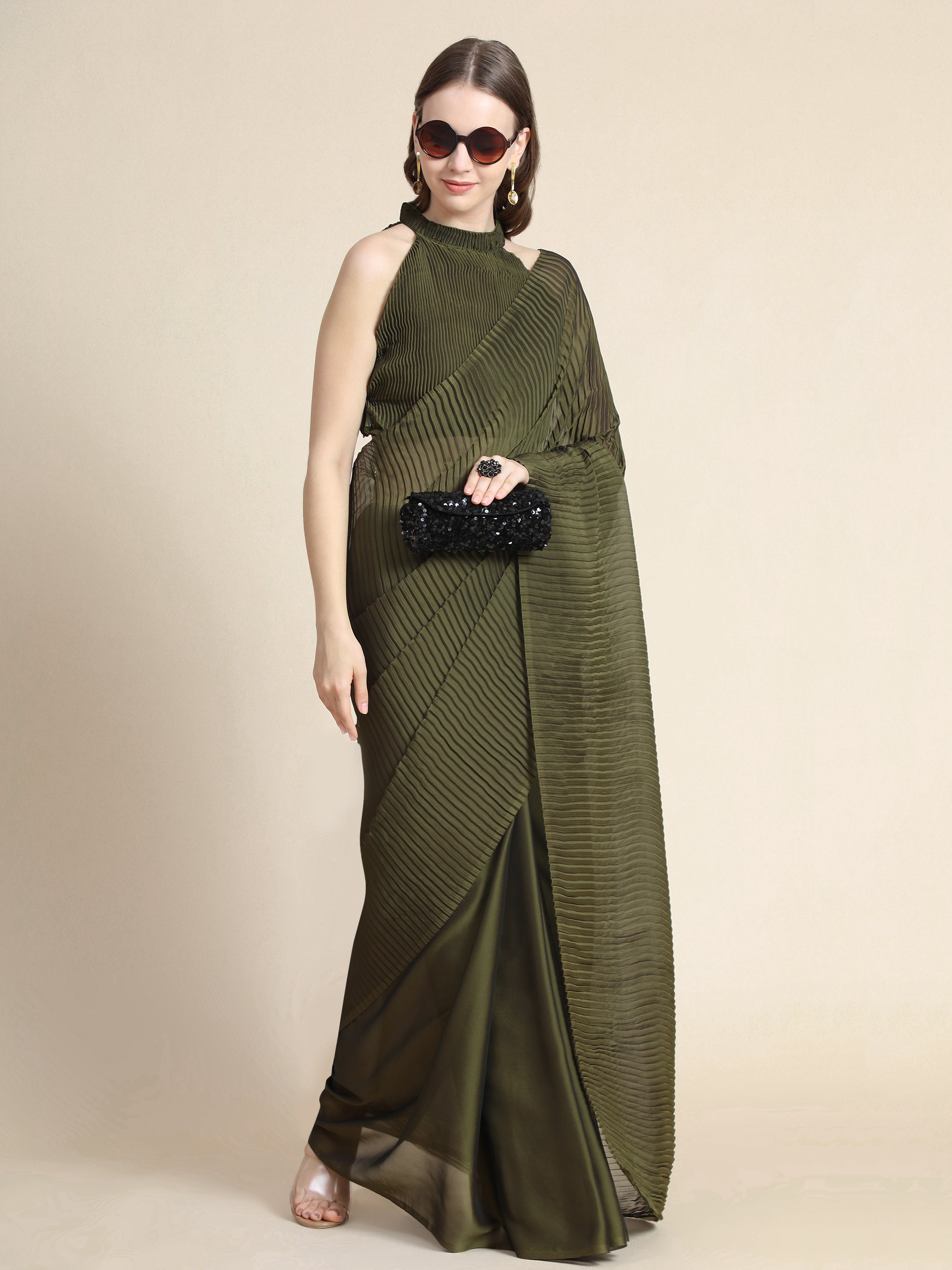Women's Self woven Self Texture Patry Wear Contemporay Crush Silk Saree With Blouse Piece (Mehandi Green) - NIMIDHYA