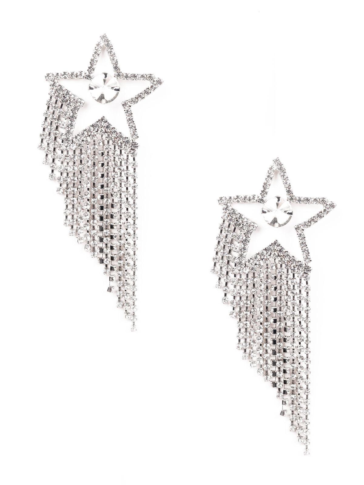Women's Crystal Silver-Studded Star Tassel Drop Earring