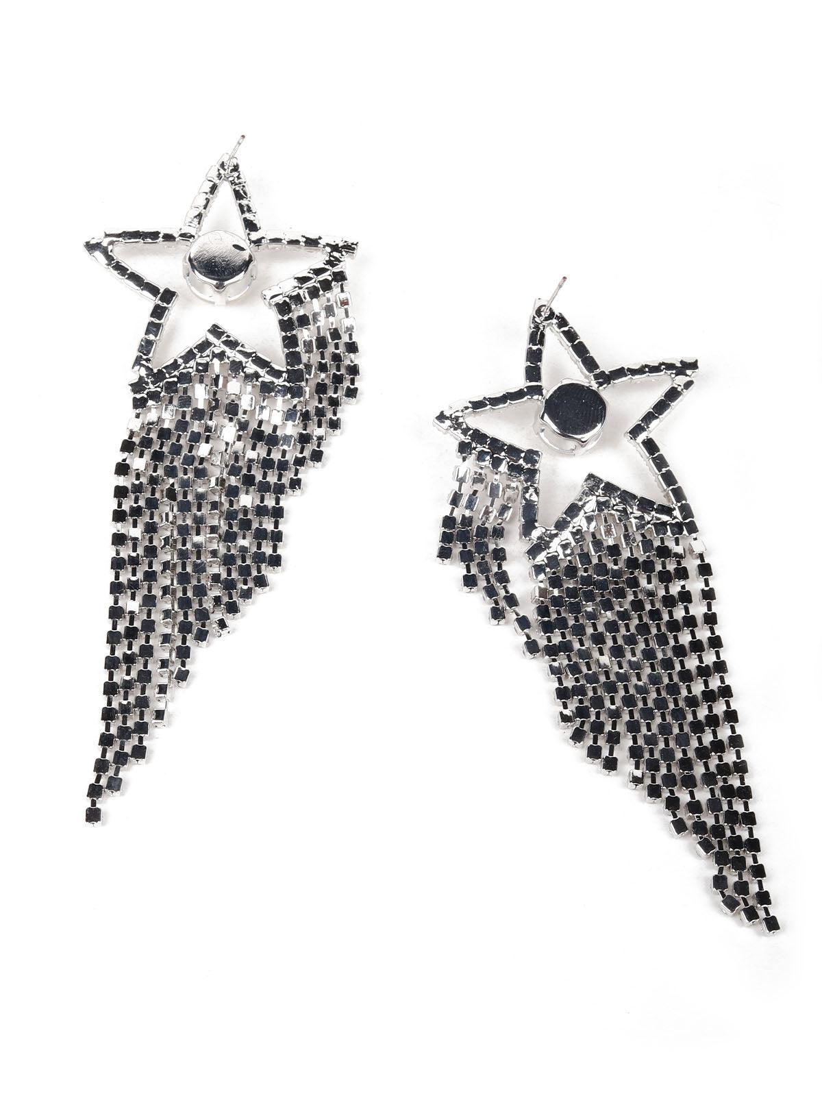 Women's Crystal Silver-Studded Star Tassel Drop Earring