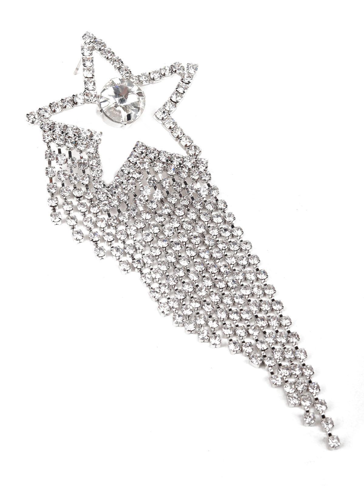 Women's Crystal Silver-Studded Star Tassel Drop Earring