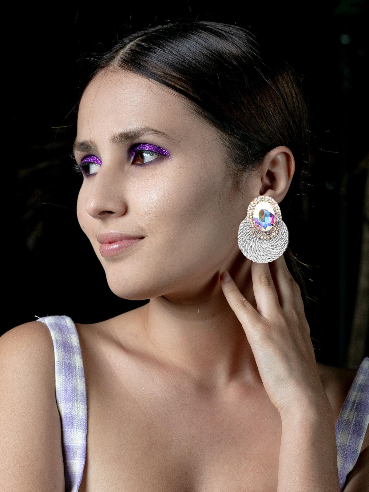 Women's Crystal Stone Round Earrings- Gre