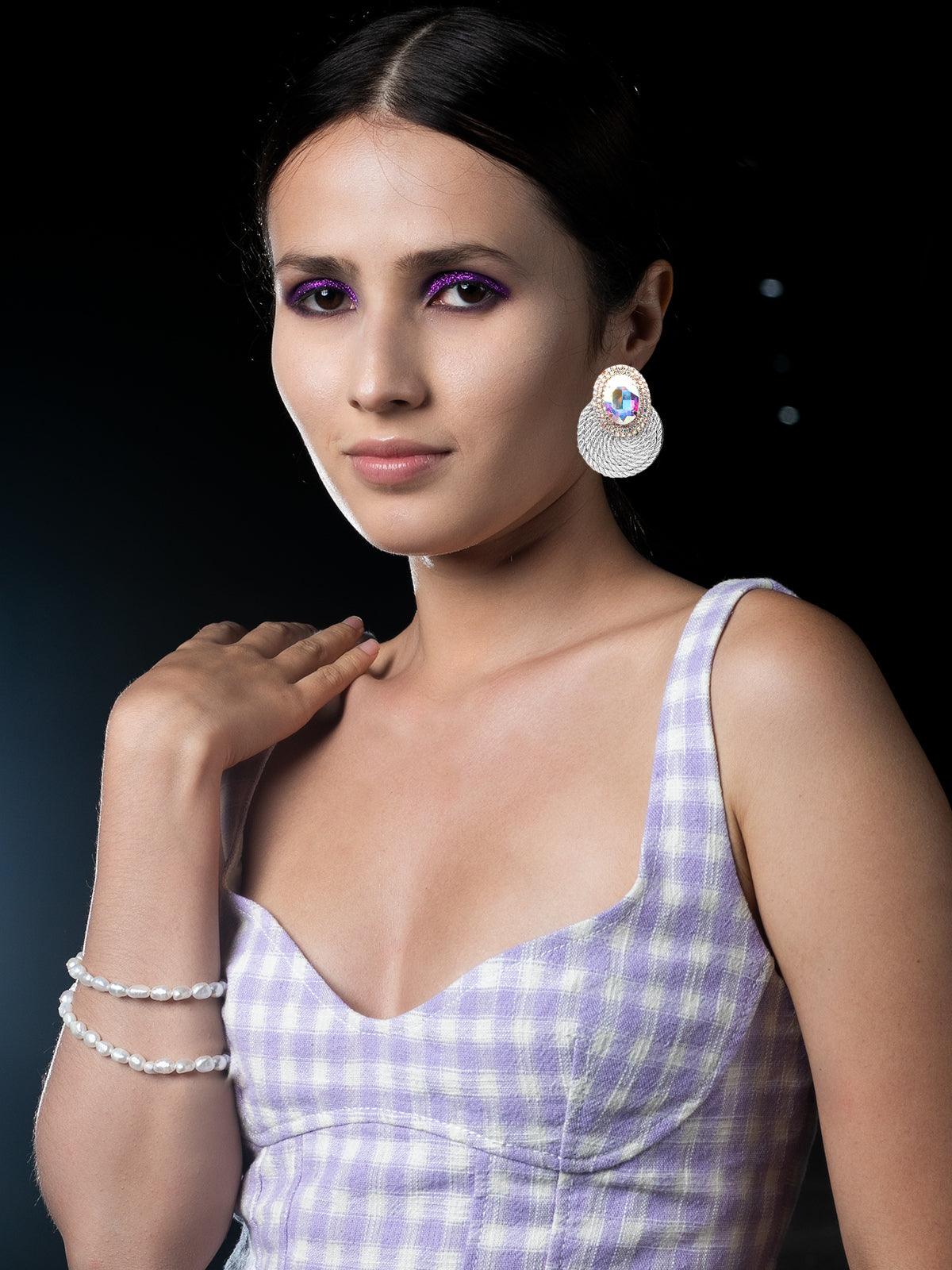 Women's Crystal Stone Round Earrings- Gre