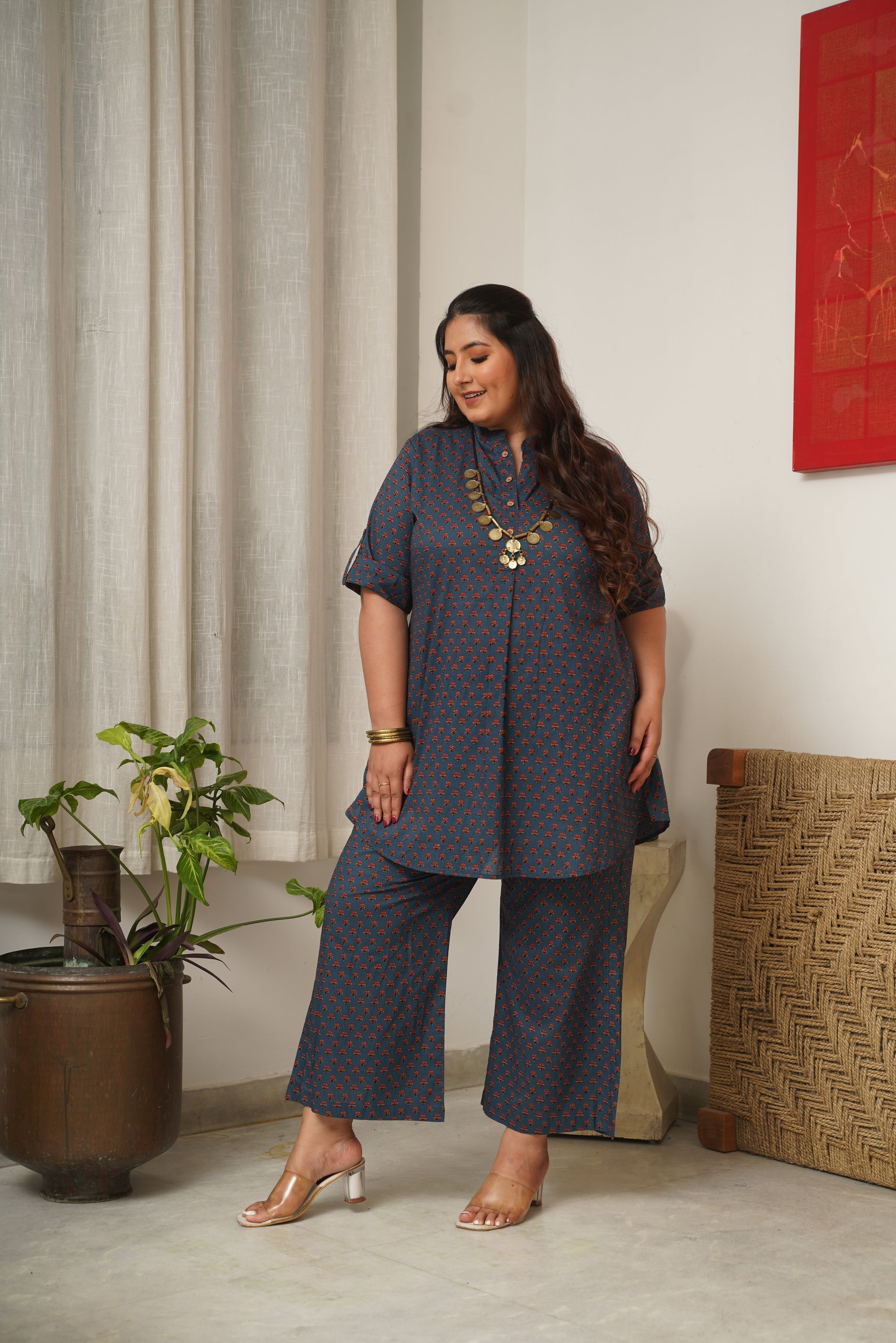 Women's Booti Print Classic Blue Collared Co-Ord Set - Nangalia Ruchira