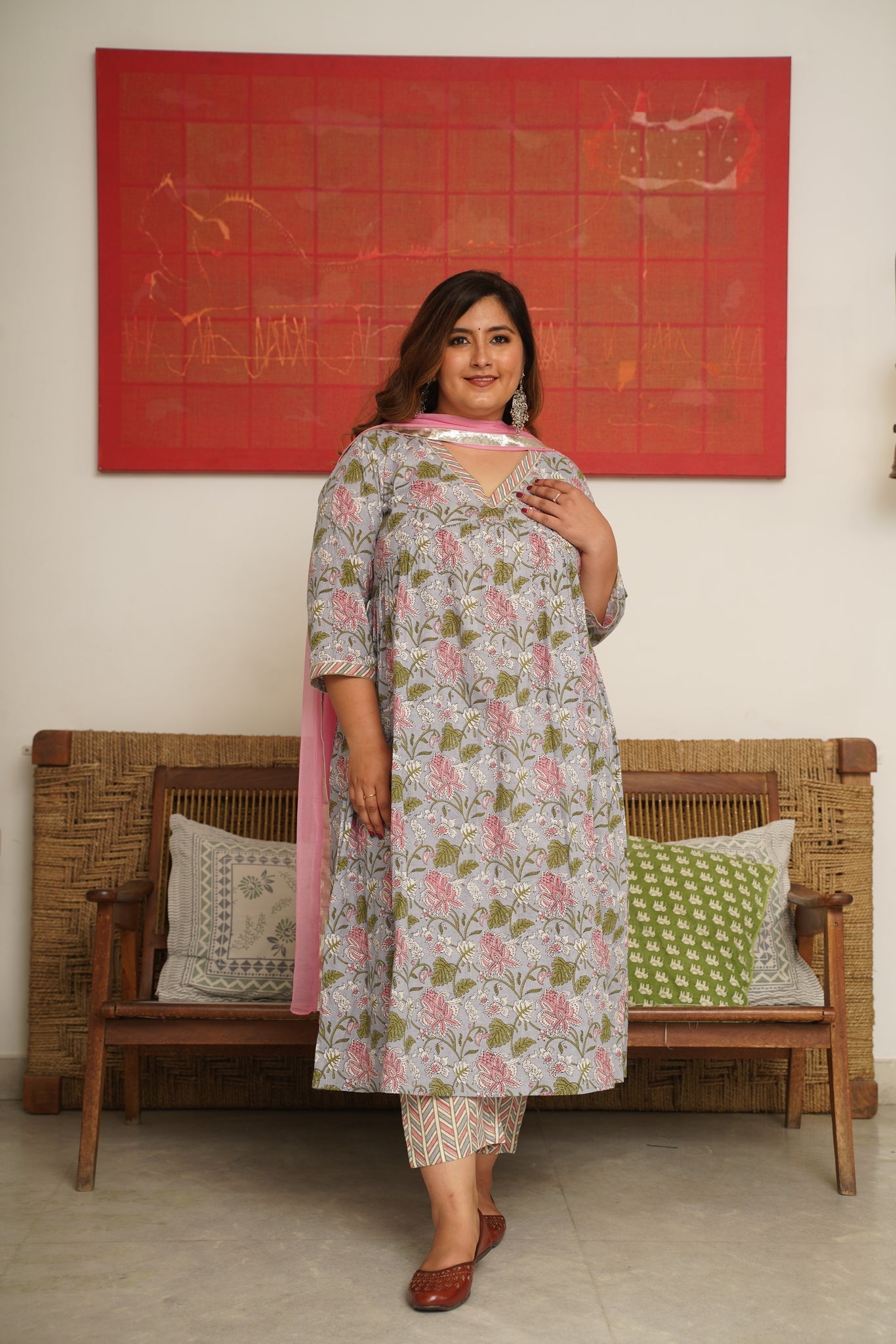 Women's Tropical Print Alia Kurta Suit Set - ( Set Of 3 ) - Nangalia Ruchira