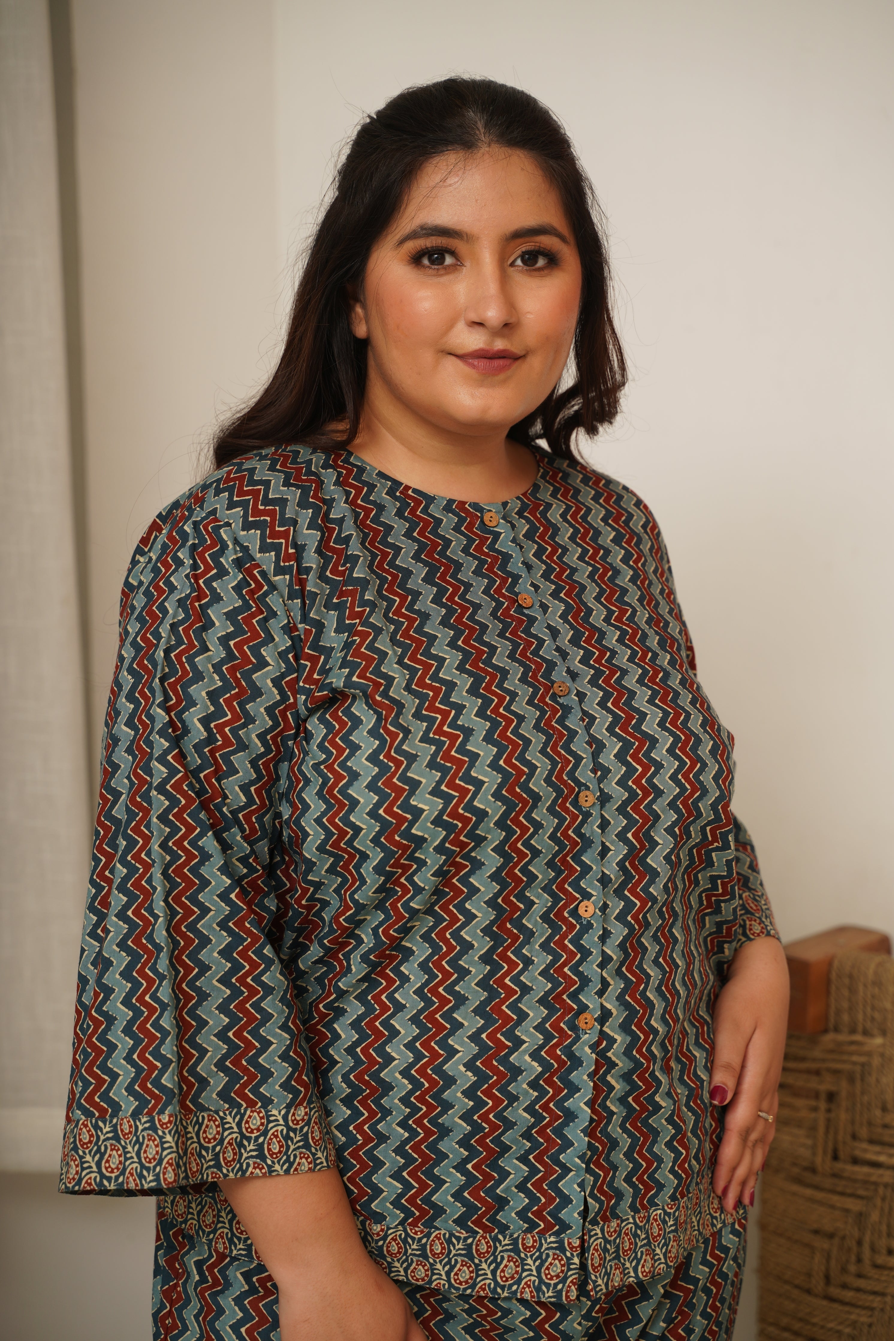 Women's Chevron Blue Bagru Cotton Co-Ord Set - Nangalia Ruchira