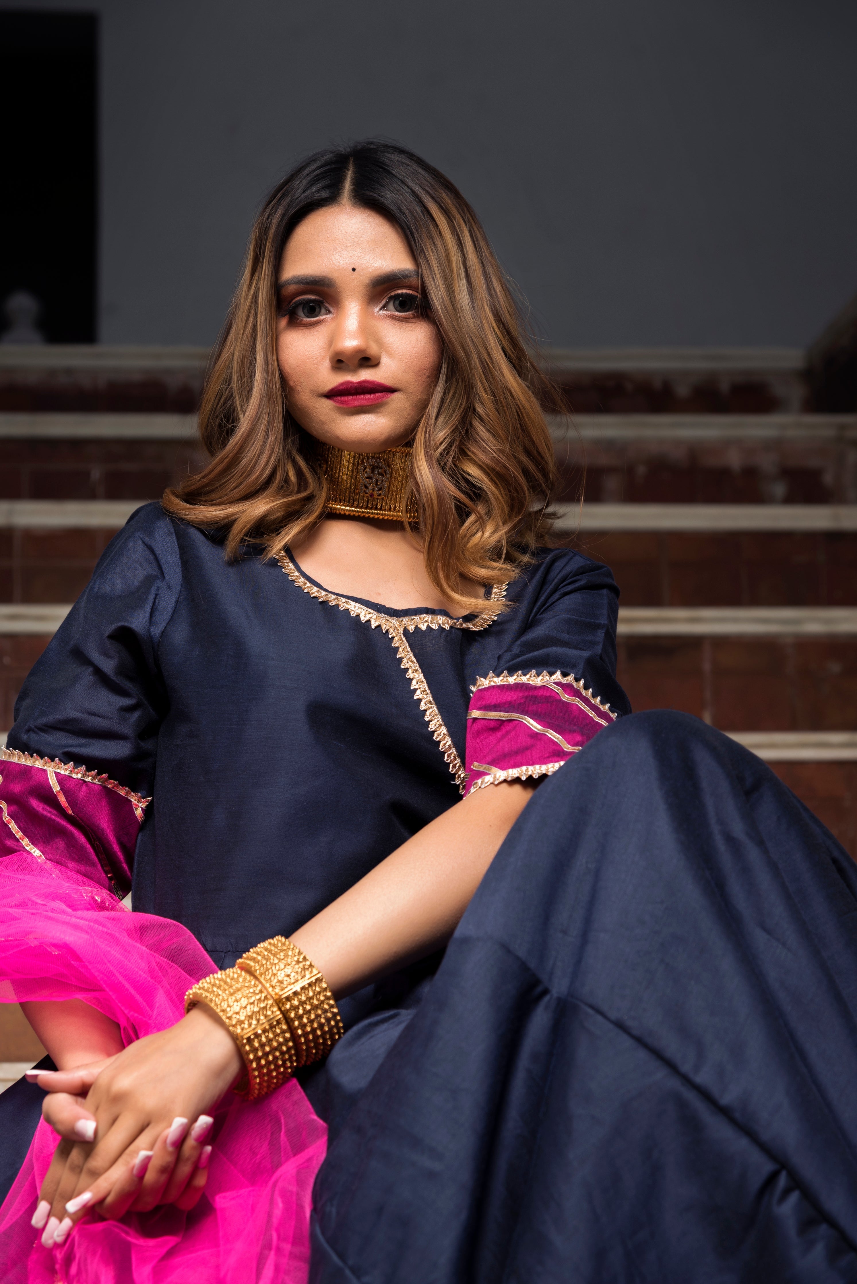 Women's Royal Blue Cotton Silk Angrakha Kurta with Palazzo & Dupatta (3pcs Set)