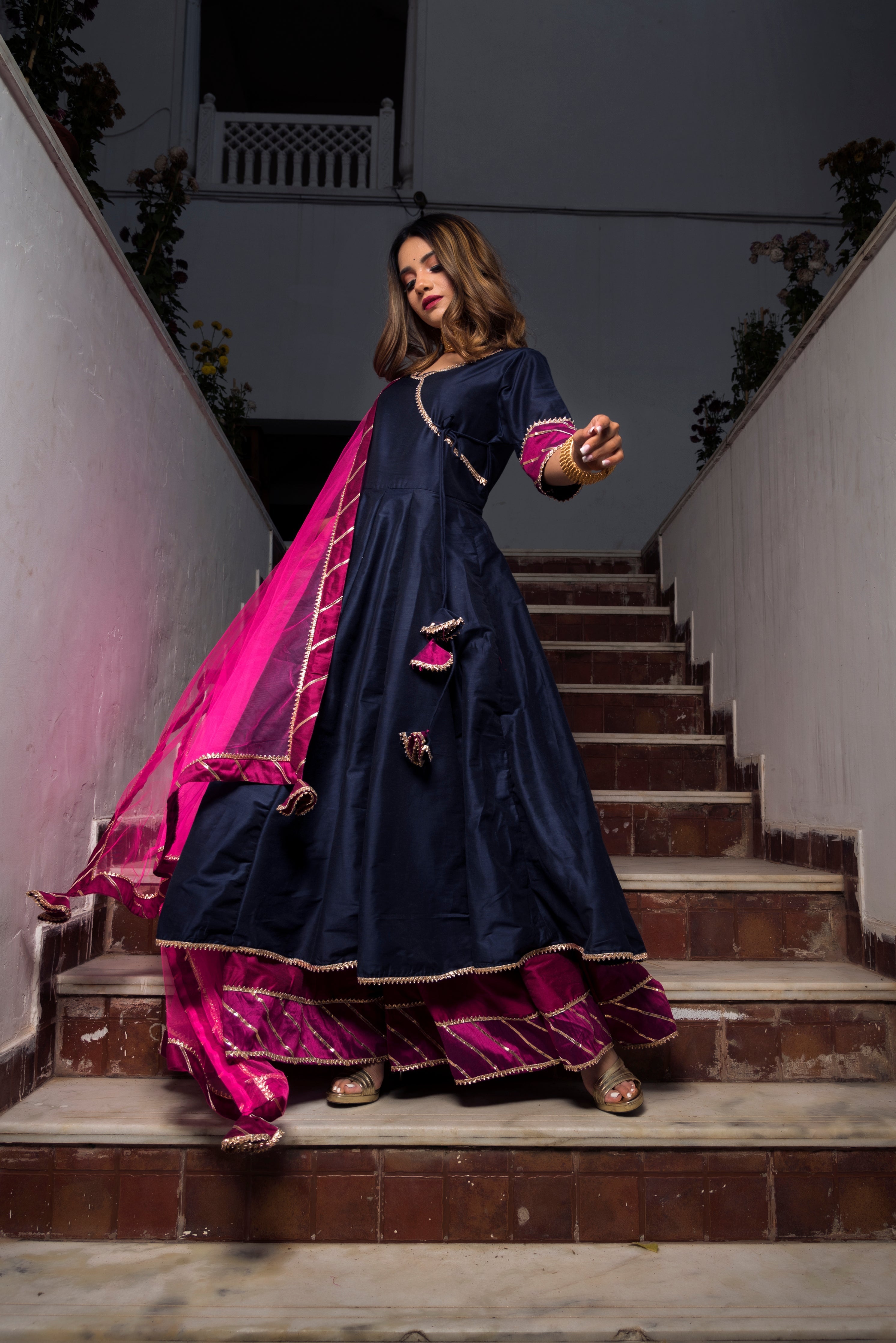 Women's Royal Blue Cotton Silk Angrakha Kurta with Palazzo & Dupatta (3pcs Set)