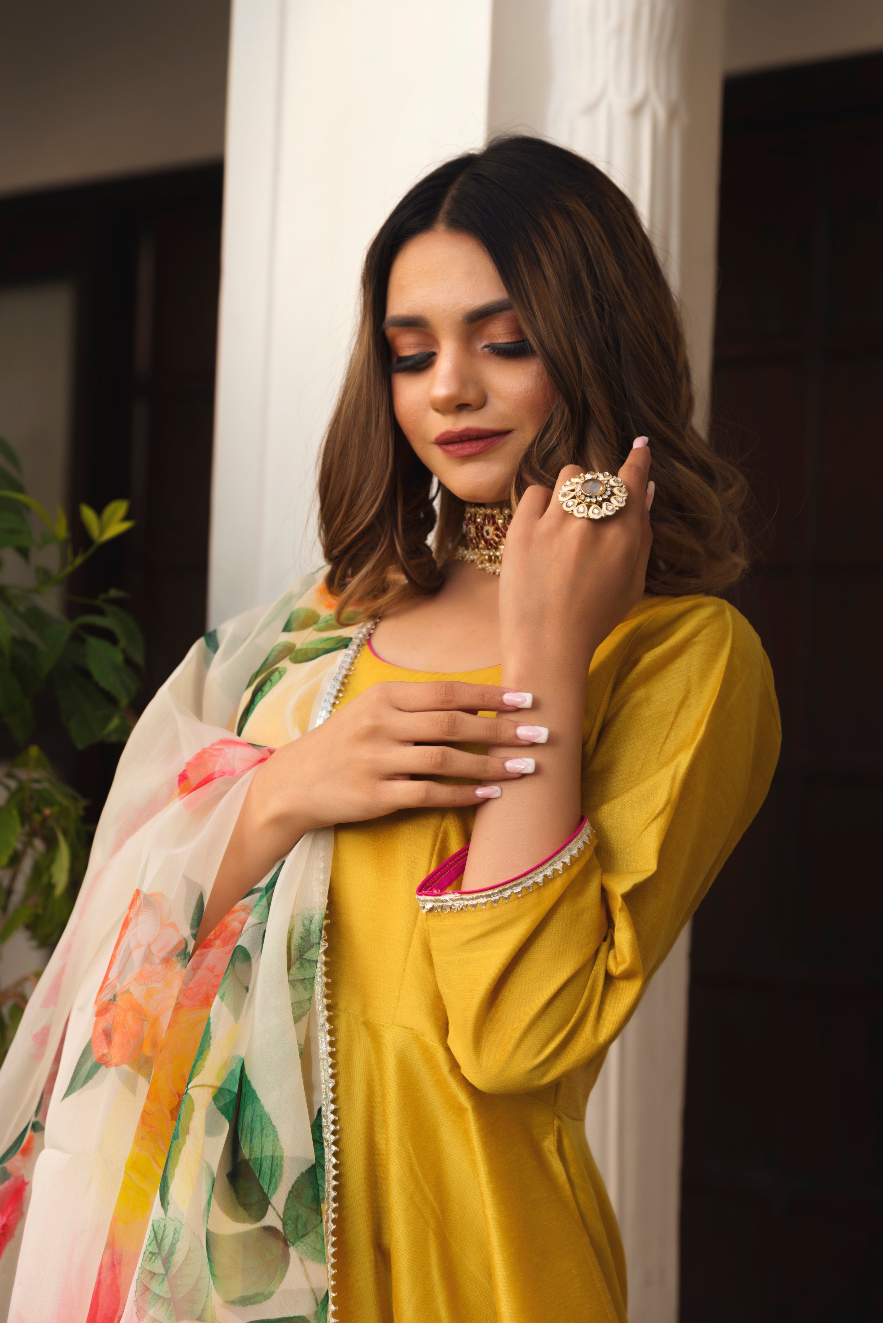 Women's Sunflower Cotton Silk Yellow Anarkali- Pomcha Jaipur USA