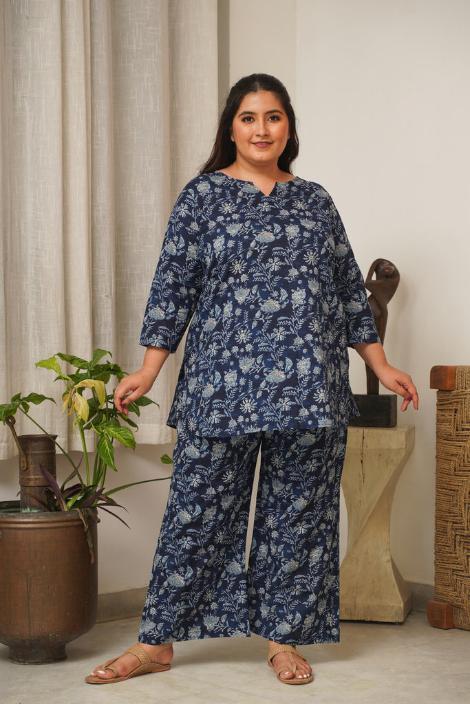 Women's Navy Blue Floral Lounge Co-Ord Set - Nangalia Ruchira