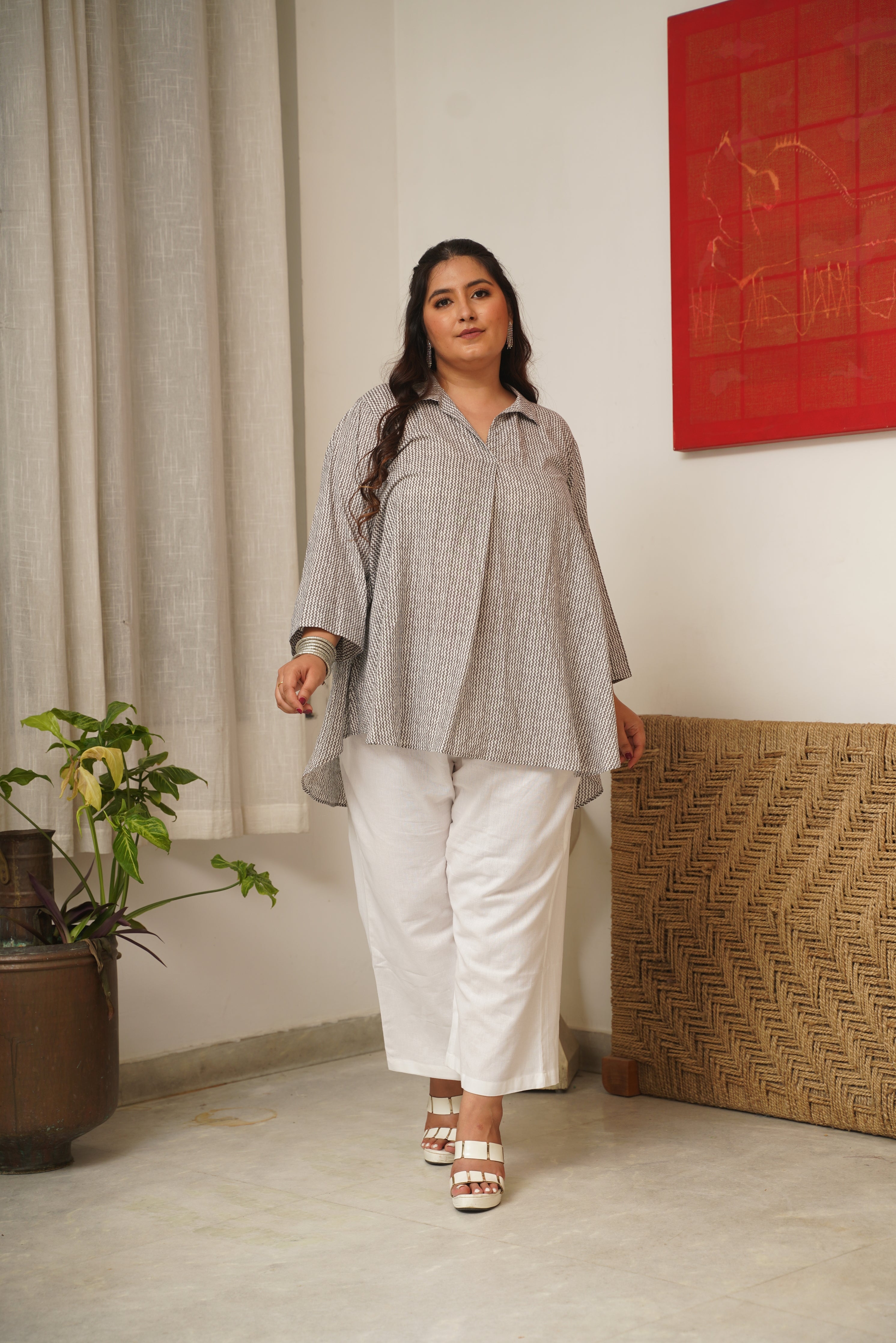 Women's Grey Chevron  Anti-Fit Top And Mid-Rise Relaxed Fit Pants (Set Of 2) - Nangalia Ruchira