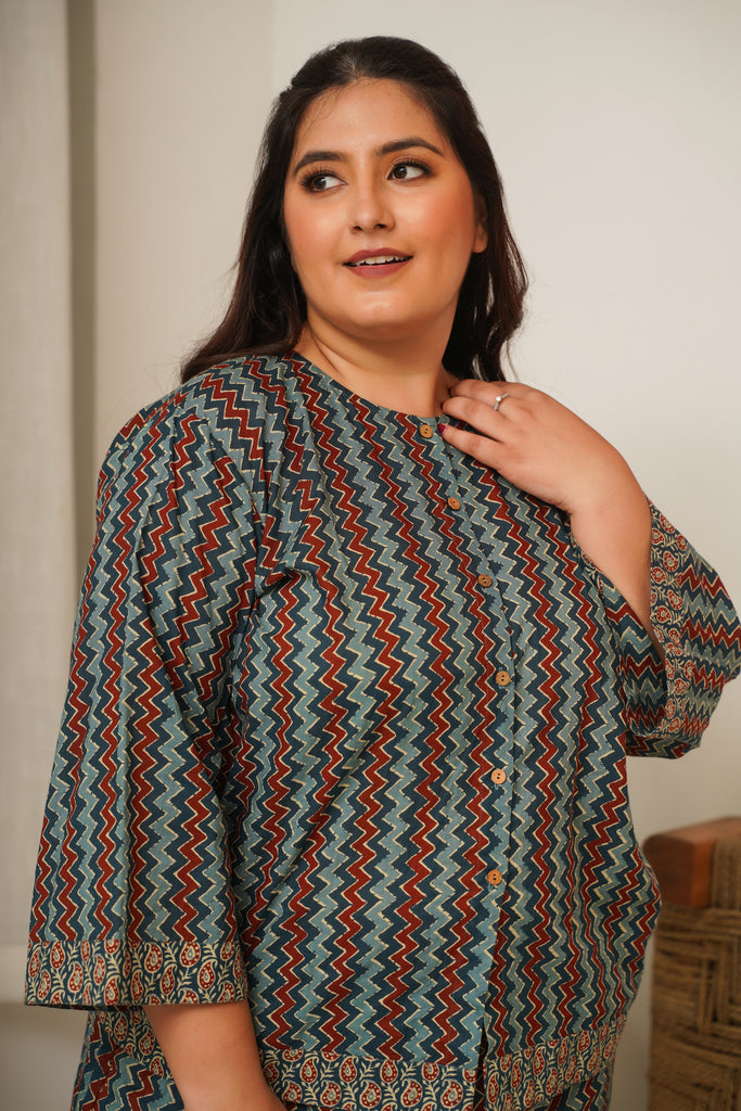 Women's Chevron Blue Bagru Cotton Co-Ord Set - Nangalia Ruchira