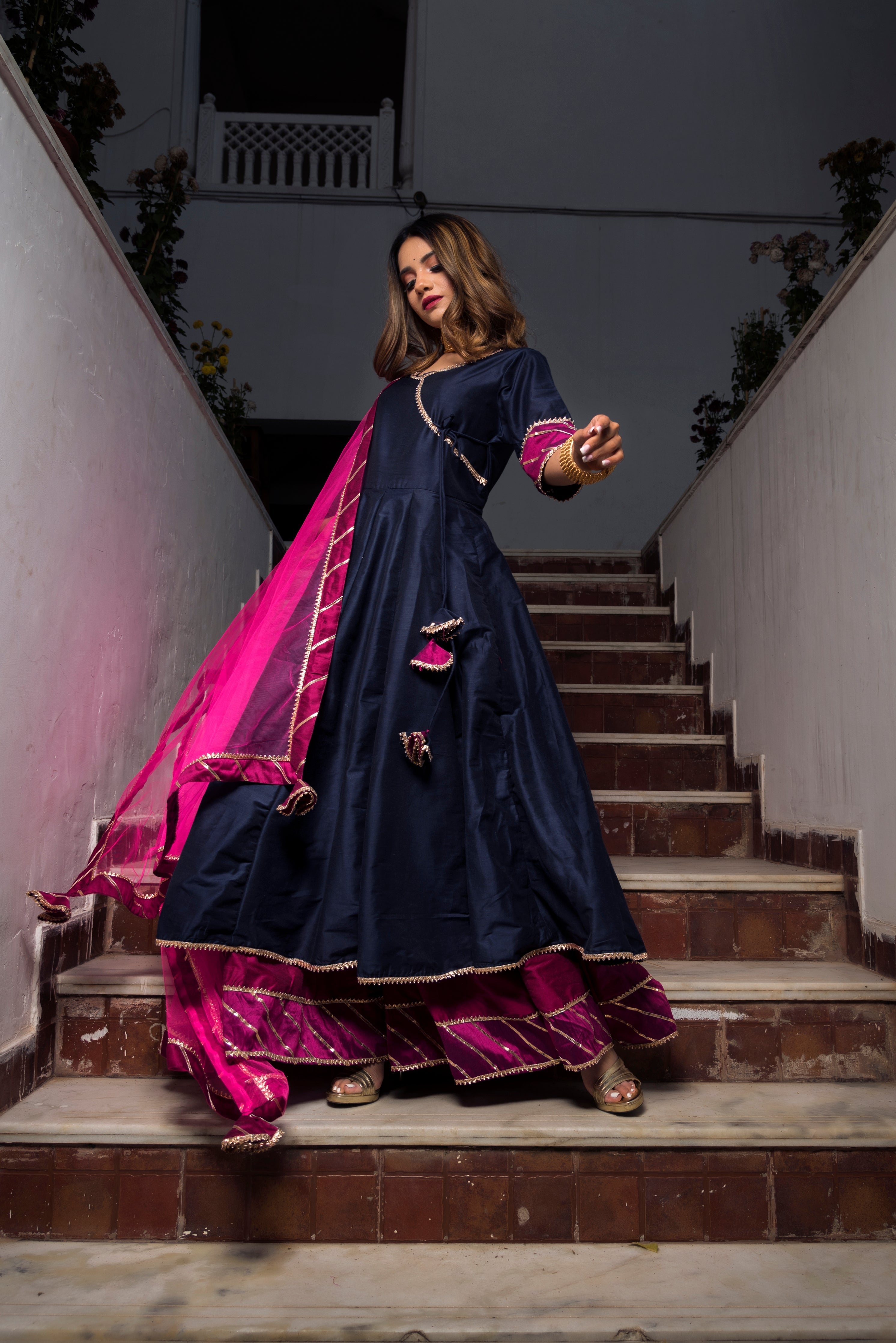 Women's Royal Blue Cotton Silk Angrakha Kurta with Palazzo & Dupatta (3pcs Set) - Pomcha Jaipur USA