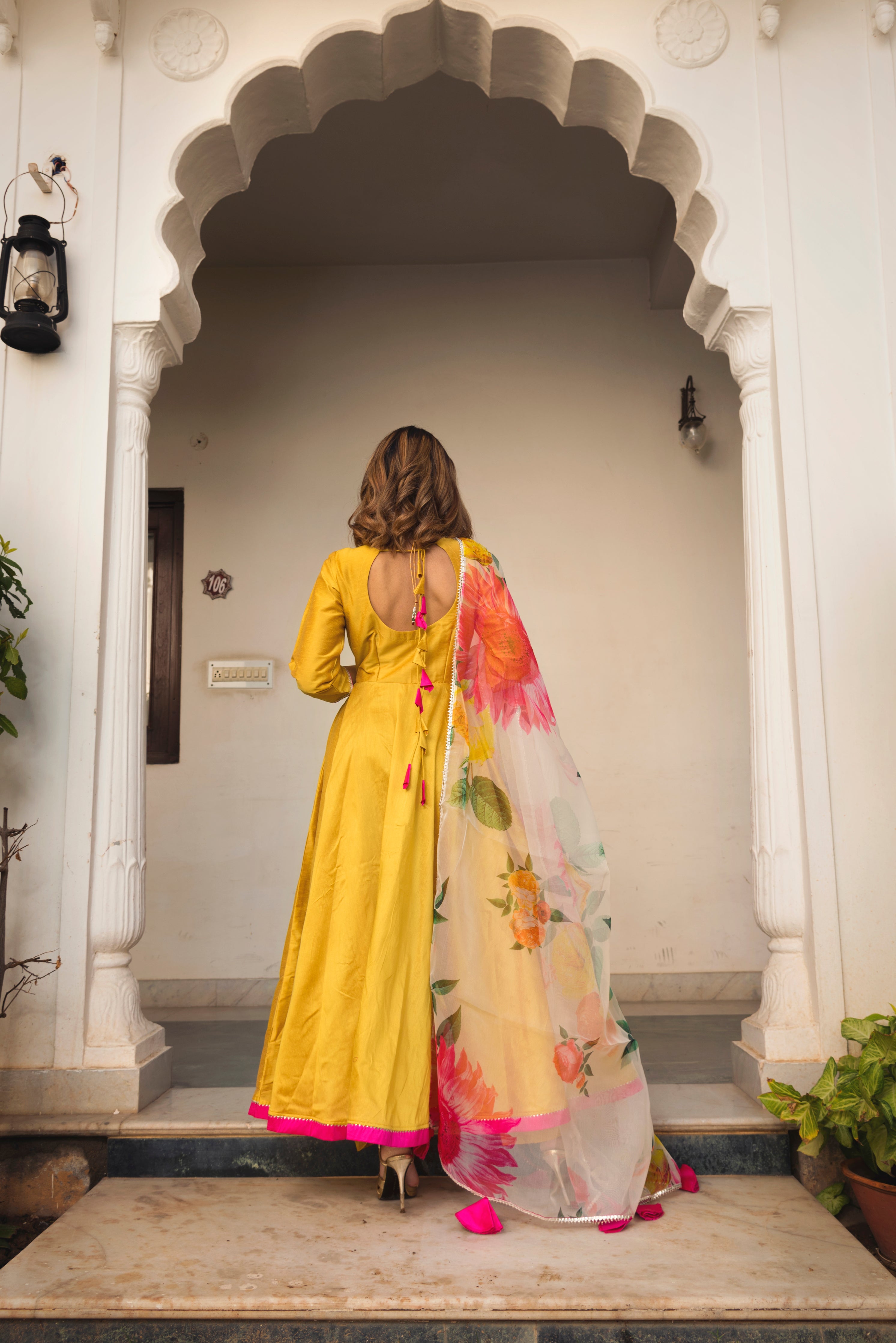 Women's Sunflower Cotton Silk Yellow Anarkali- Pomcha Jaipur USA
