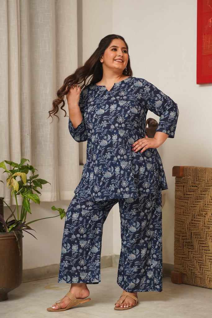 Women's Navy Blue Floral Lounge Co-Ord Set - Nangalia Ruchira