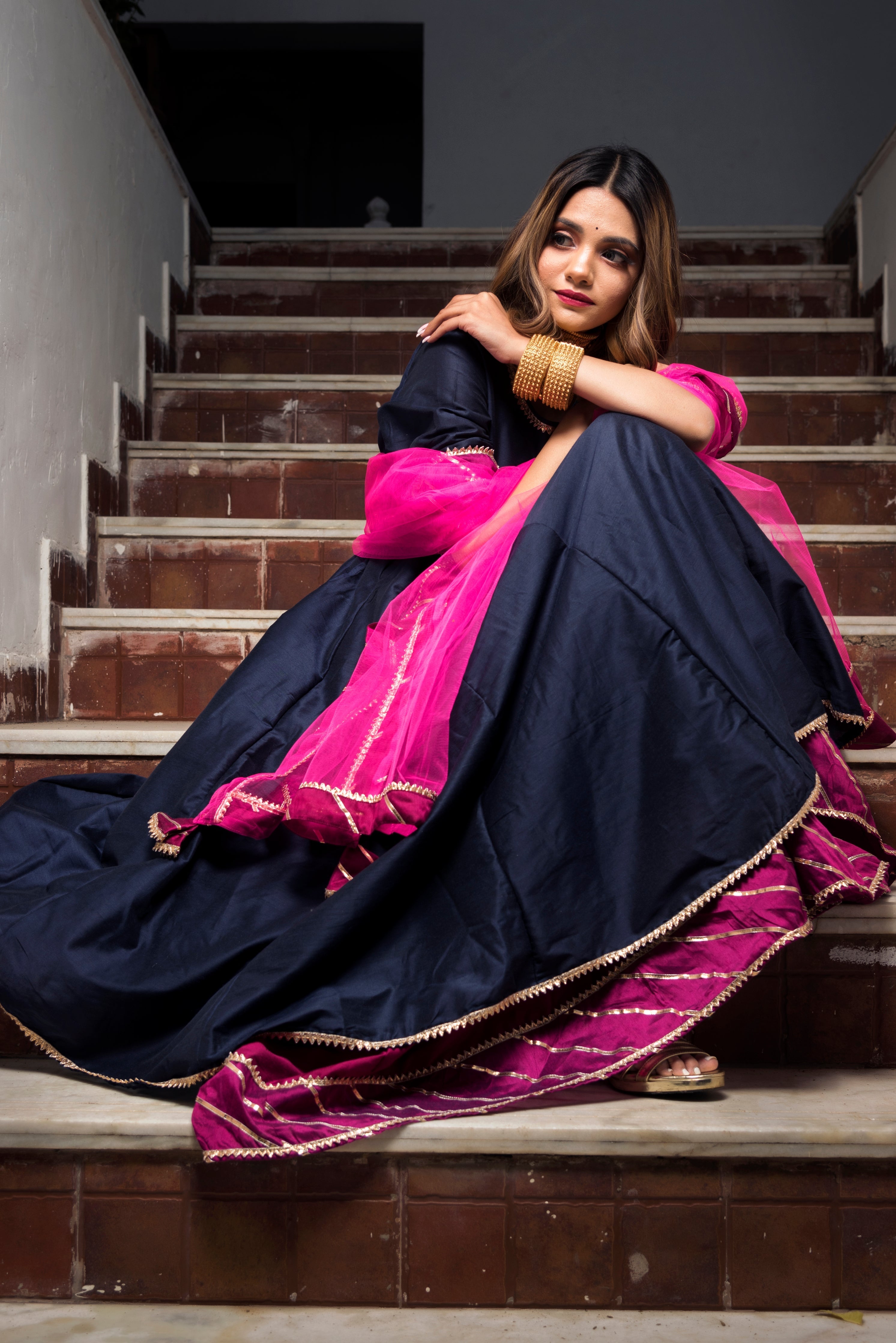Women's Royal Blue Cotton Silk Angrakha Kurta with Palazzo & Dupatta (3pcs Set) - Pomcha Jaipur USA