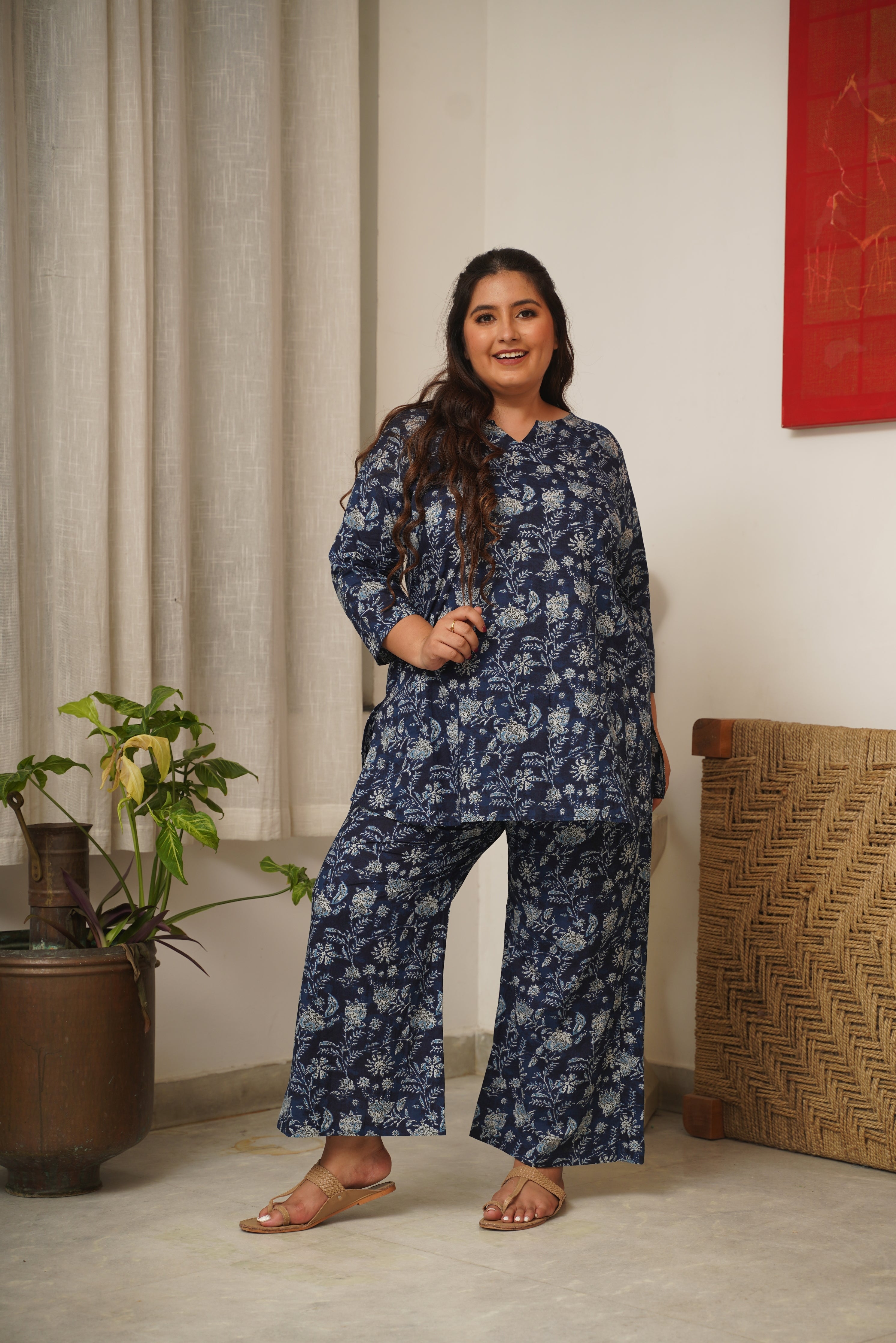 Women's Navy Blue Floral Lounge Co-Ord Set - Nangalia Ruchira