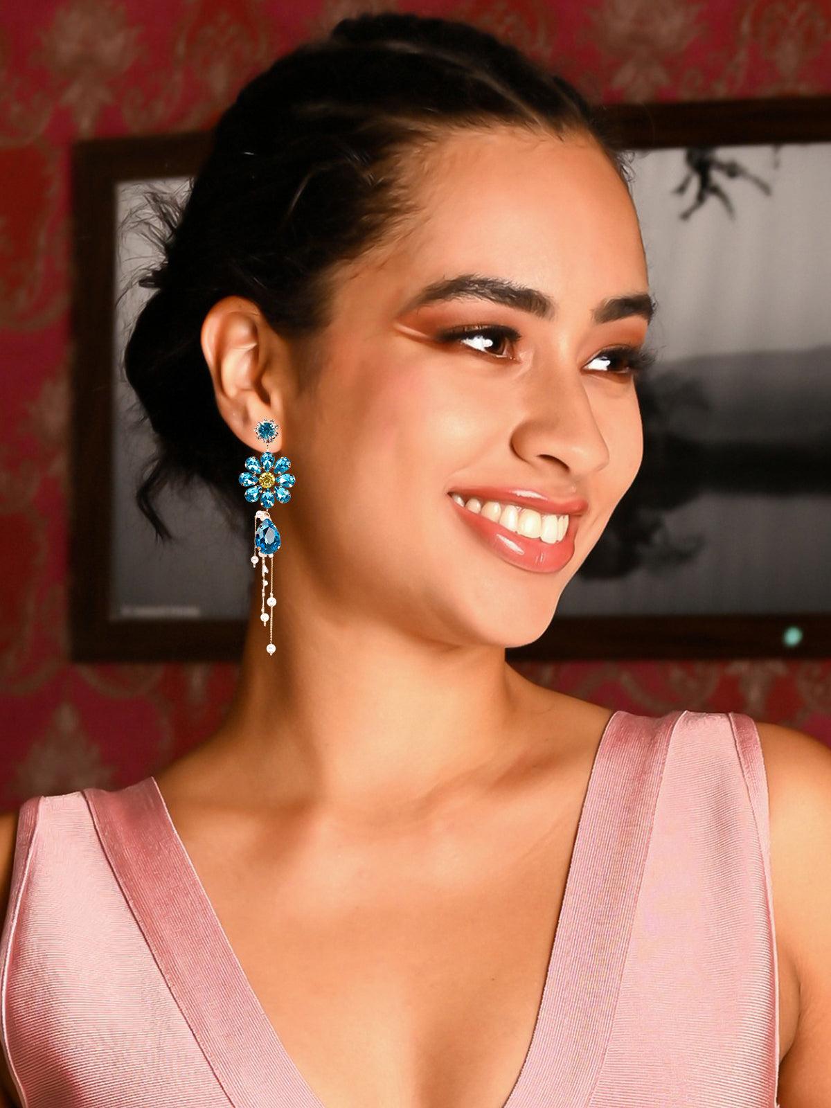 Women's Cute Blue Floral Crystal Drop Earring