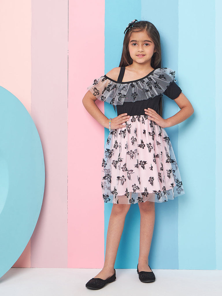 Girls Floral Print Cold-Shoulder Woollen Net Fit Flare Dress