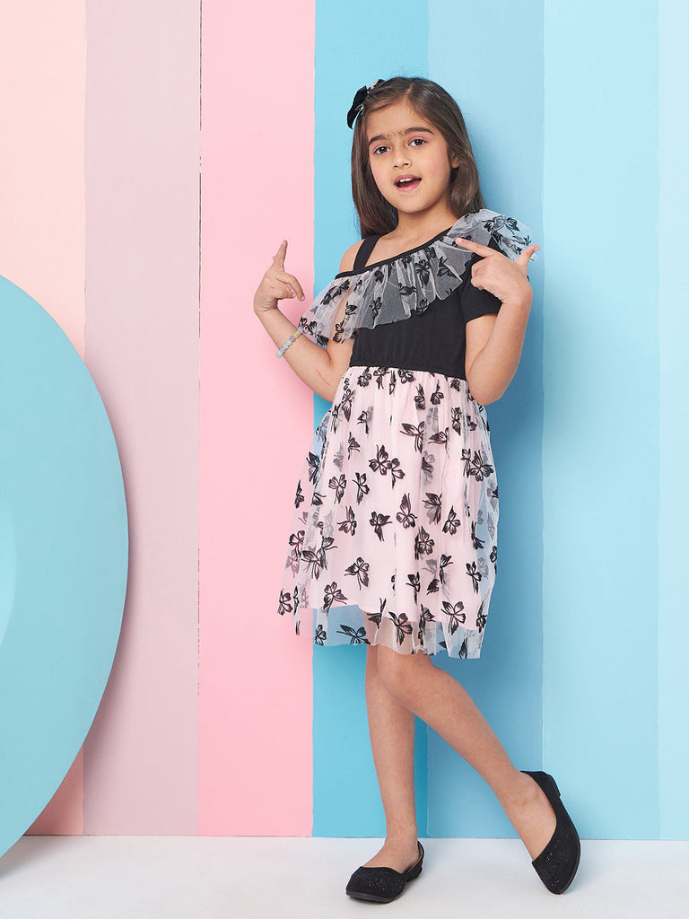 Girls Floral Print Cold-Shoulder Woollen Net Fit Flare Dress