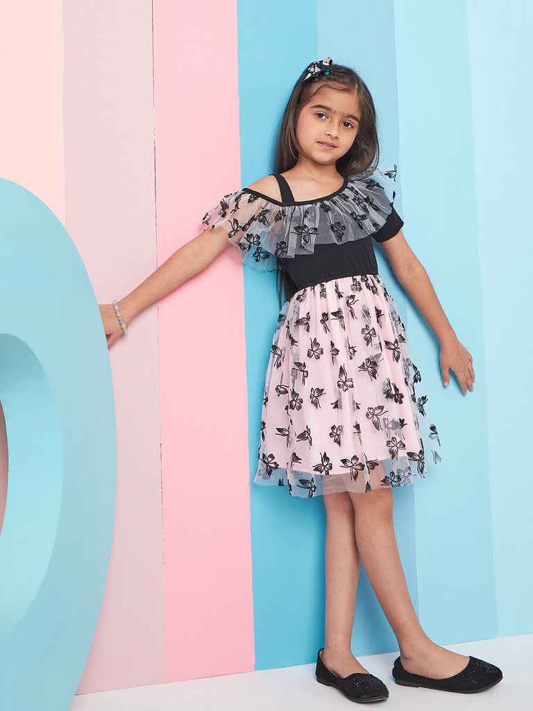 Girls Floral Print Cold-Shoulder Woollen Net Fit Flare Dress
