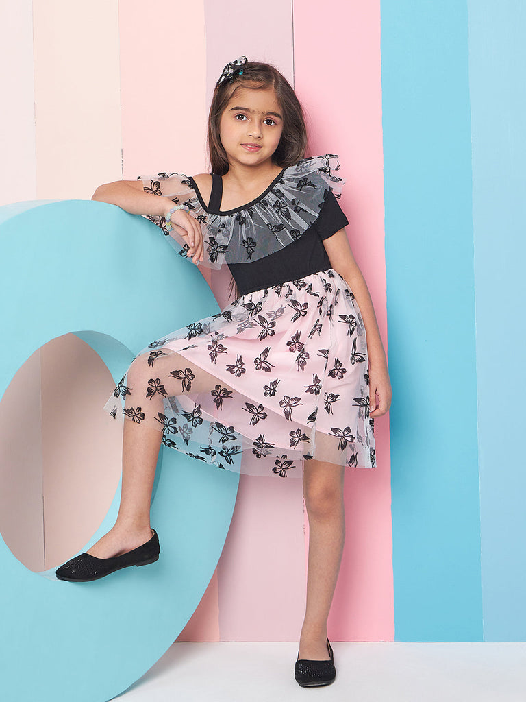 Girls Floral Print Cold-Shoulder Woollen Net Fit Flare Dress