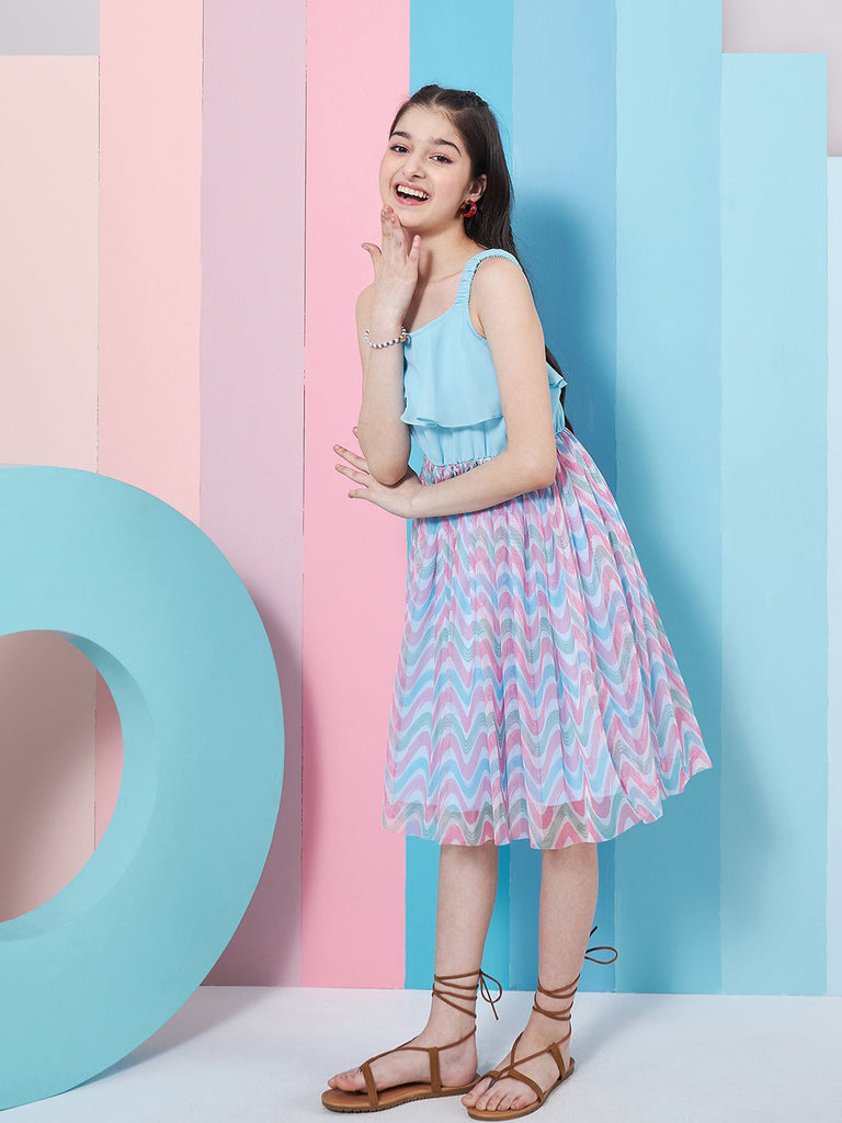 Girls Geometric Printed Georgette Fit Flare Dress