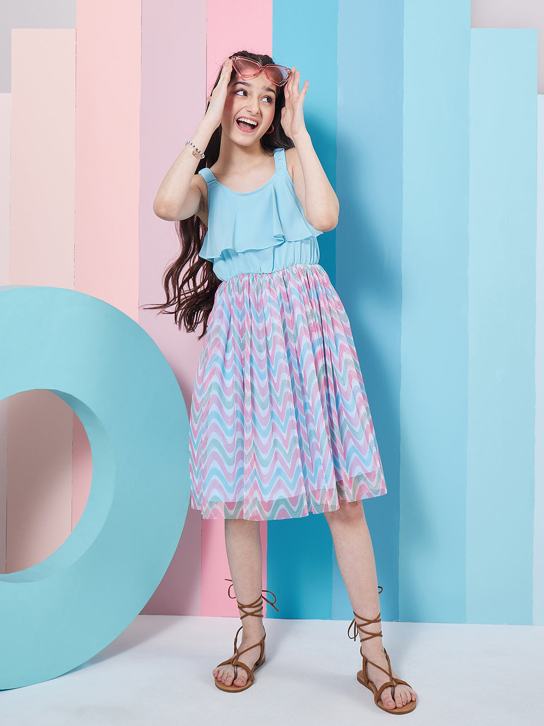 Girls Geometric Printed Georgette Fit Flare Dress - PS Peaches