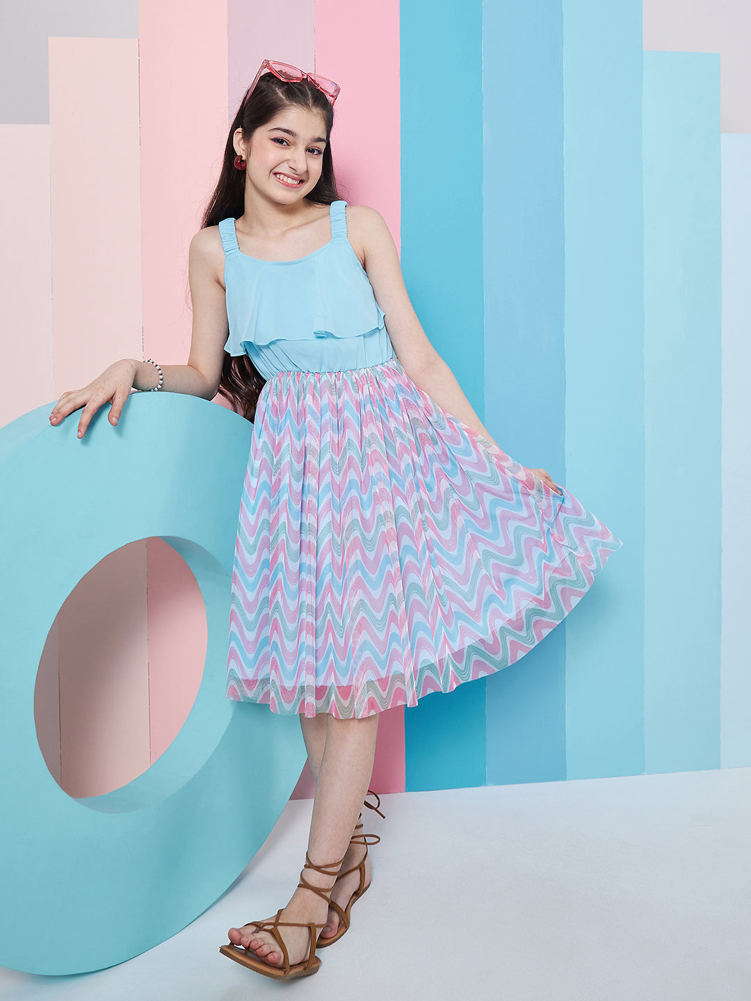 Girls Geometric Printed Georgette Fit Flare Dress - PS Peaches