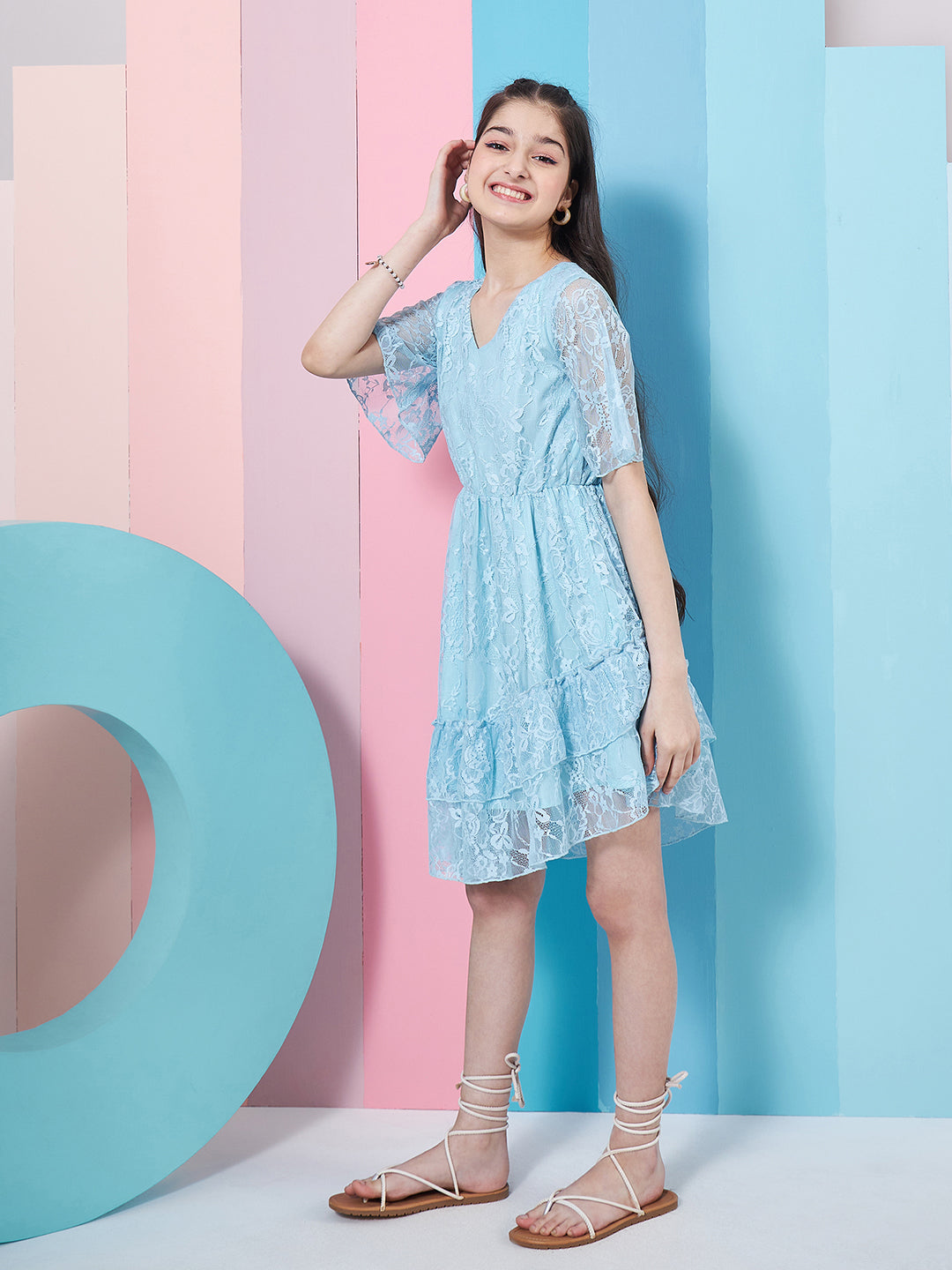Girls V-Neck Lace Fit Flare Dress - PS Peaches