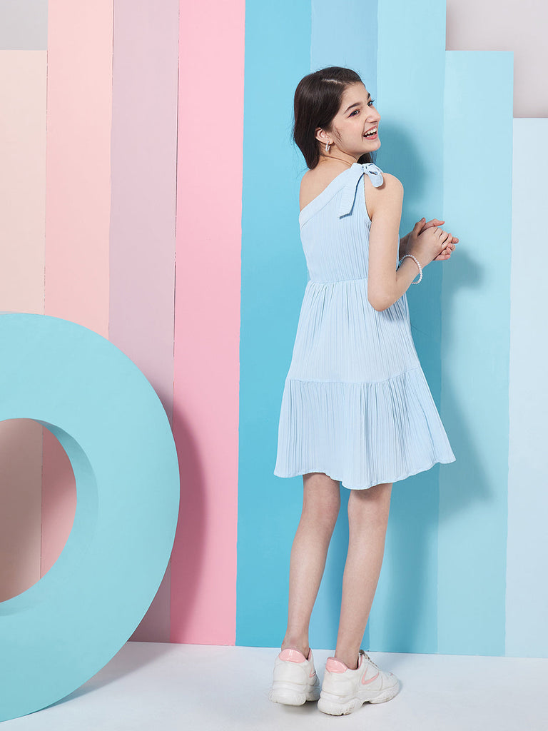 Girls Striped One Shoulder Crepe Fit Flare Dress