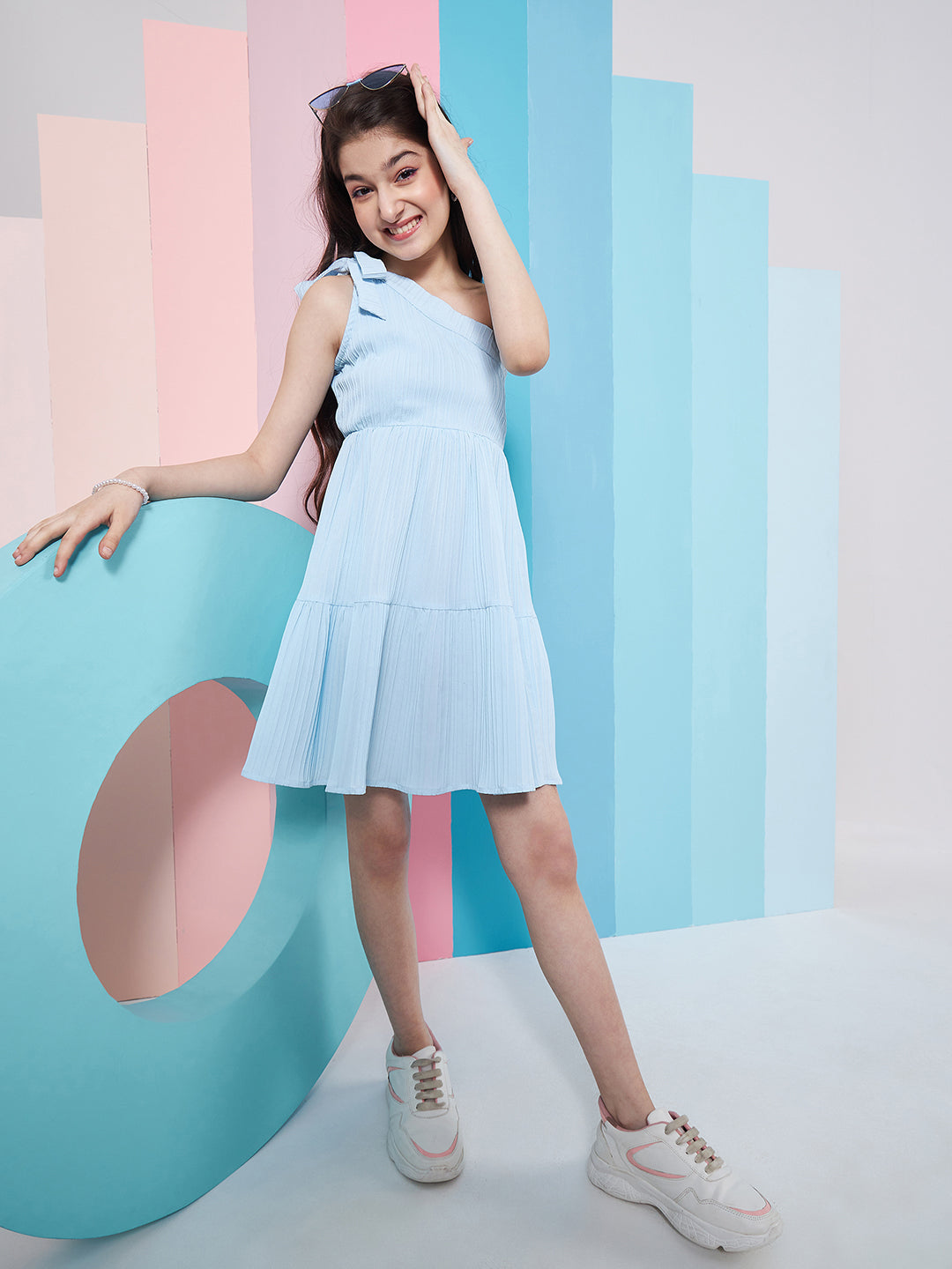 Girls Striped One Shoulder Crepe Fit Flare Dress - PS Peaches
