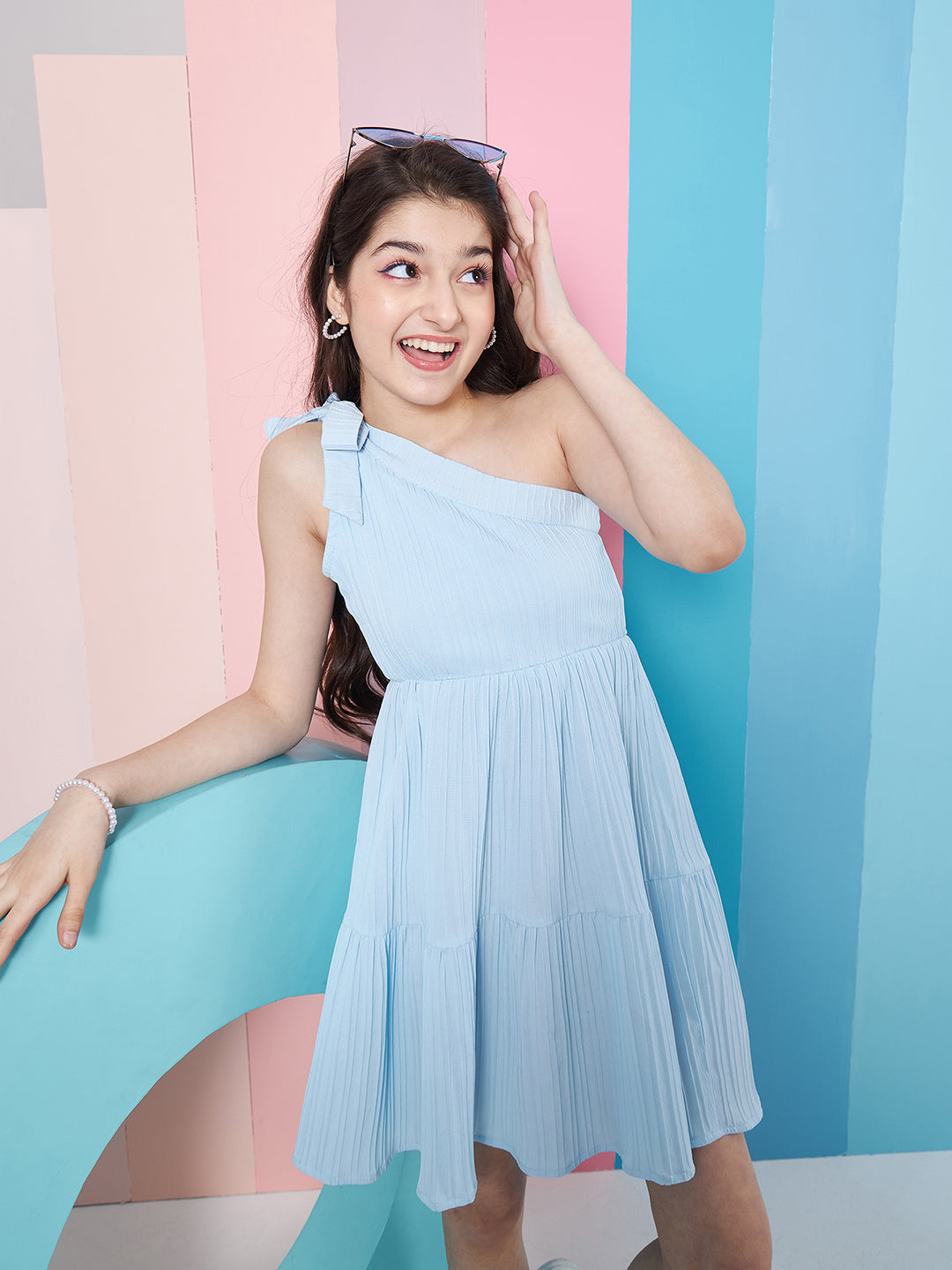 Girls Striped One Shoulder Crepe Fit Flare Dress Trendia Girls Striped One Shoulder Crepe Fit Flare Dress Trendia