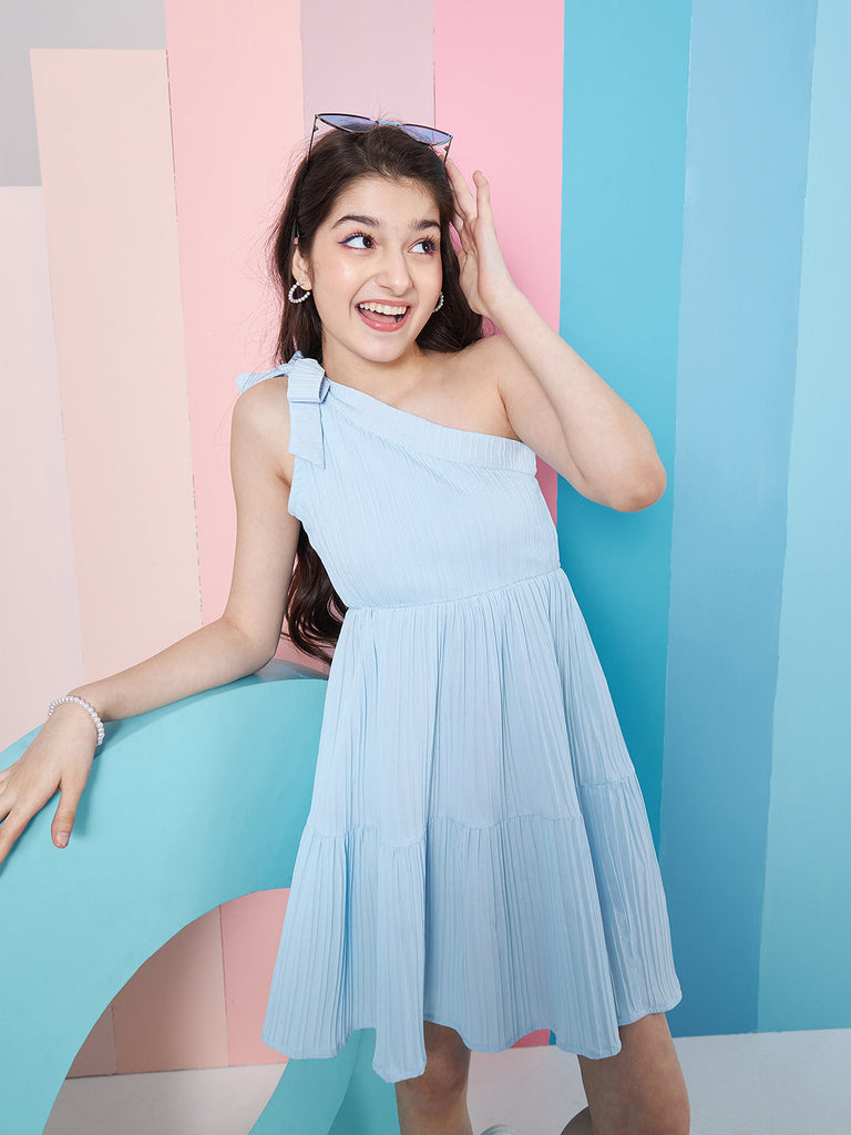 Girls Striped One Shoulder Crepe Fit Flare Dress