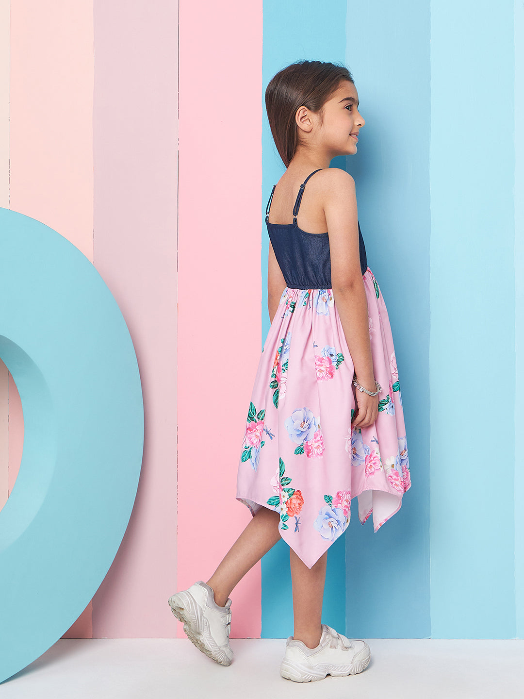 Girls Shoulder Straps Floral Print Denim A-Line Midi Dress - PS Peaches