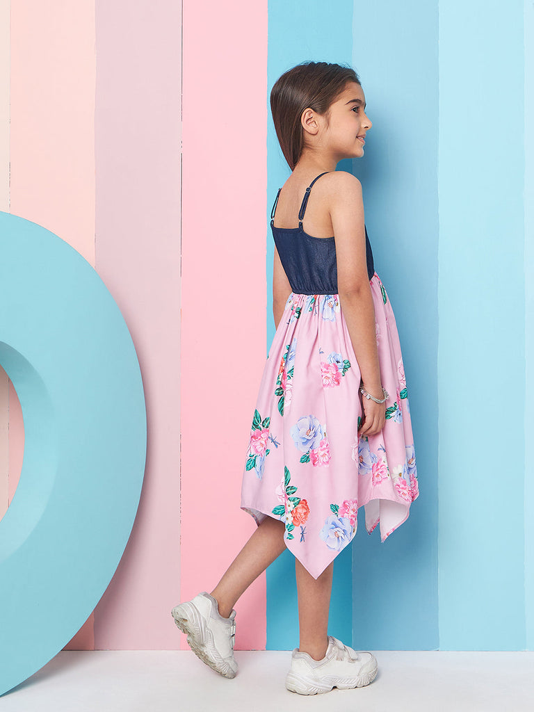 Girls Shoulder Straps Floral Print Denim A-Line Midi Dress