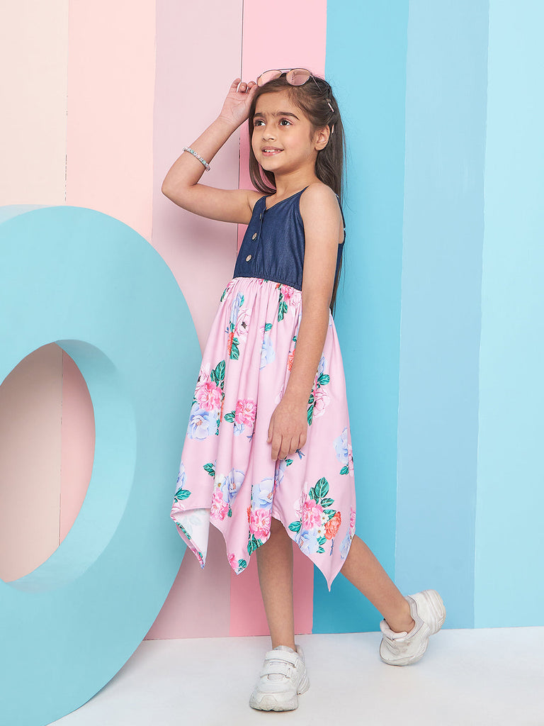Girls Shoulder Straps Floral Print Denim A-Line Midi Dress